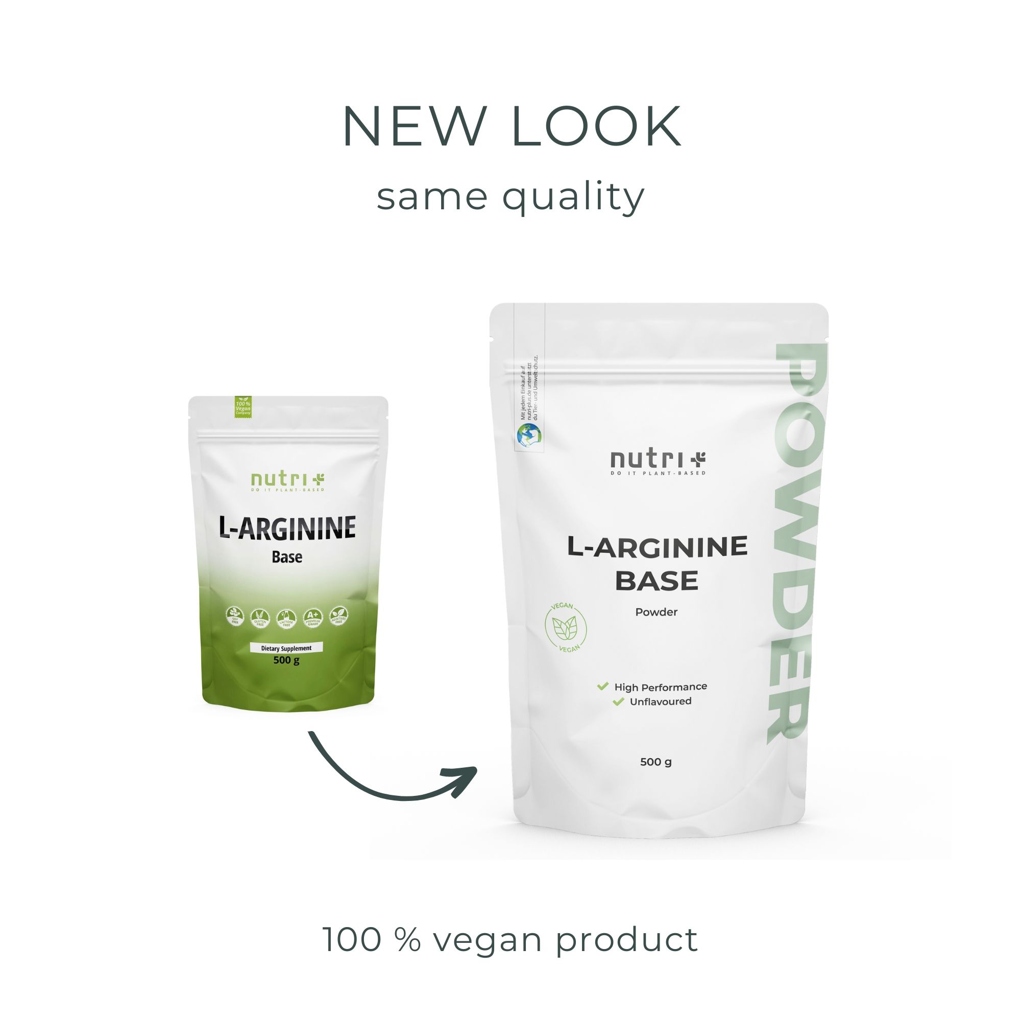 Twee zakken L-Arginine Base poeder. Eén klein, één groot. 100% vegan product.