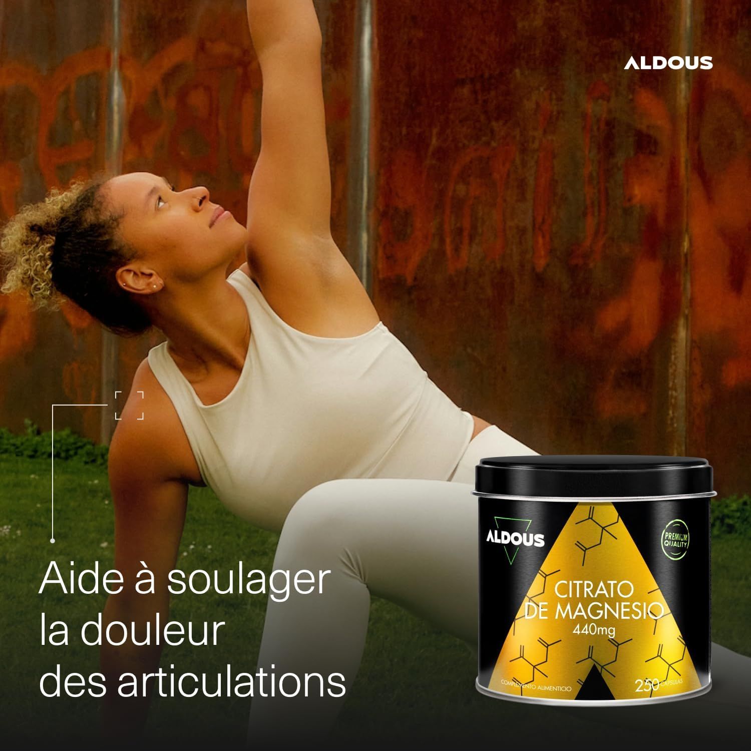 Boîte Aldous Citrato de Magnesio 440mg avec design de structure moléculaire.