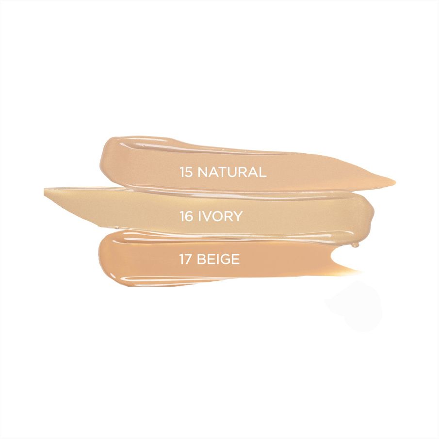 Trois échantillons de correcteur. Inscriptions: 15 Natural, 16 Ivory, 17 Beige.
