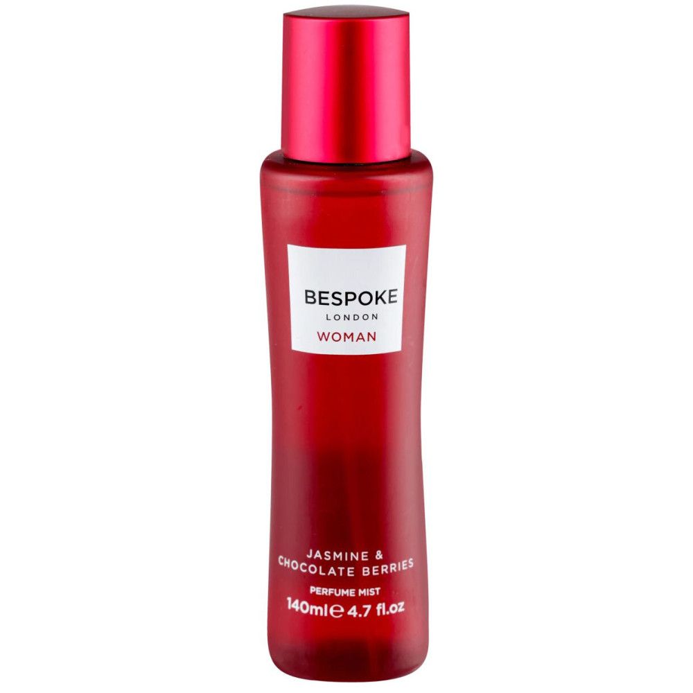 Flacon rouge avec bouchon rouge. Inscription: Bespoke London Woman, Jasmin & Chocolate Berries, Perfume Mist.