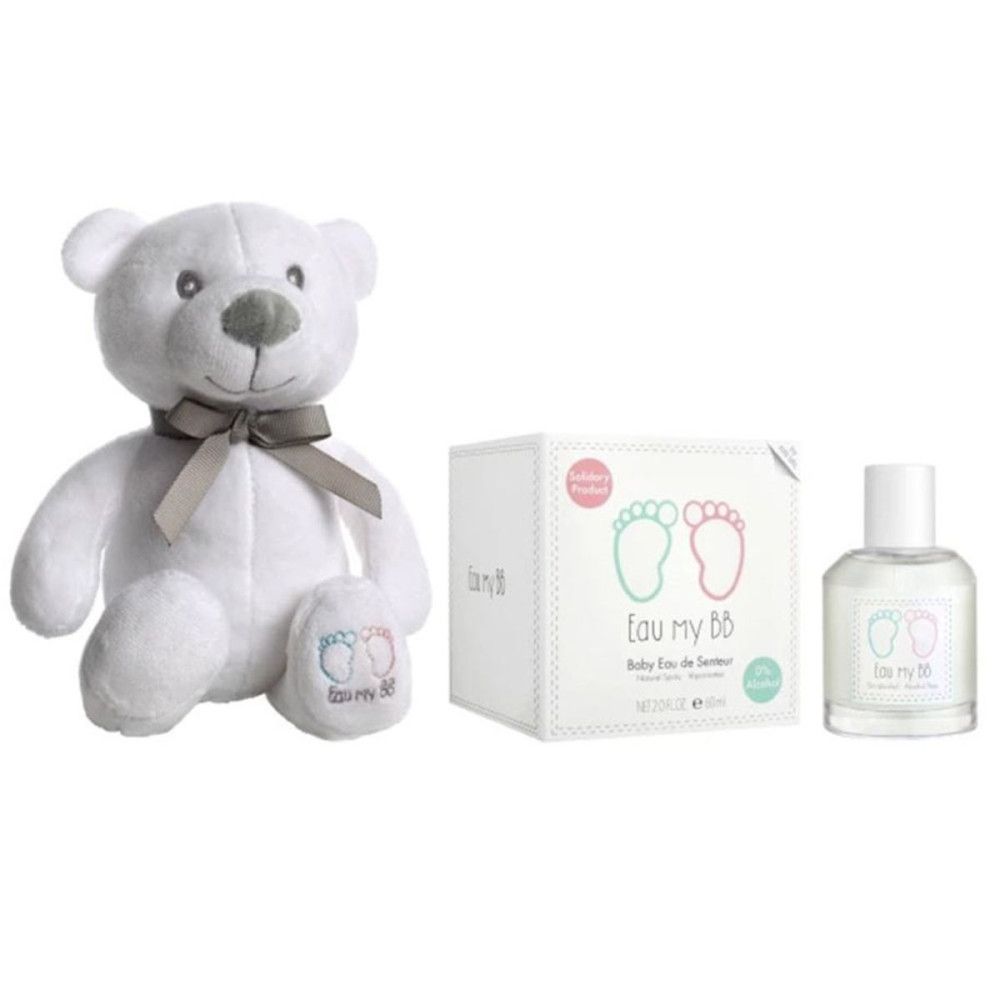 Ours en peluche blanc, flacon de parfum et boîte carrée. Inscription: Eau My BB. Baby Eau de Senteur.