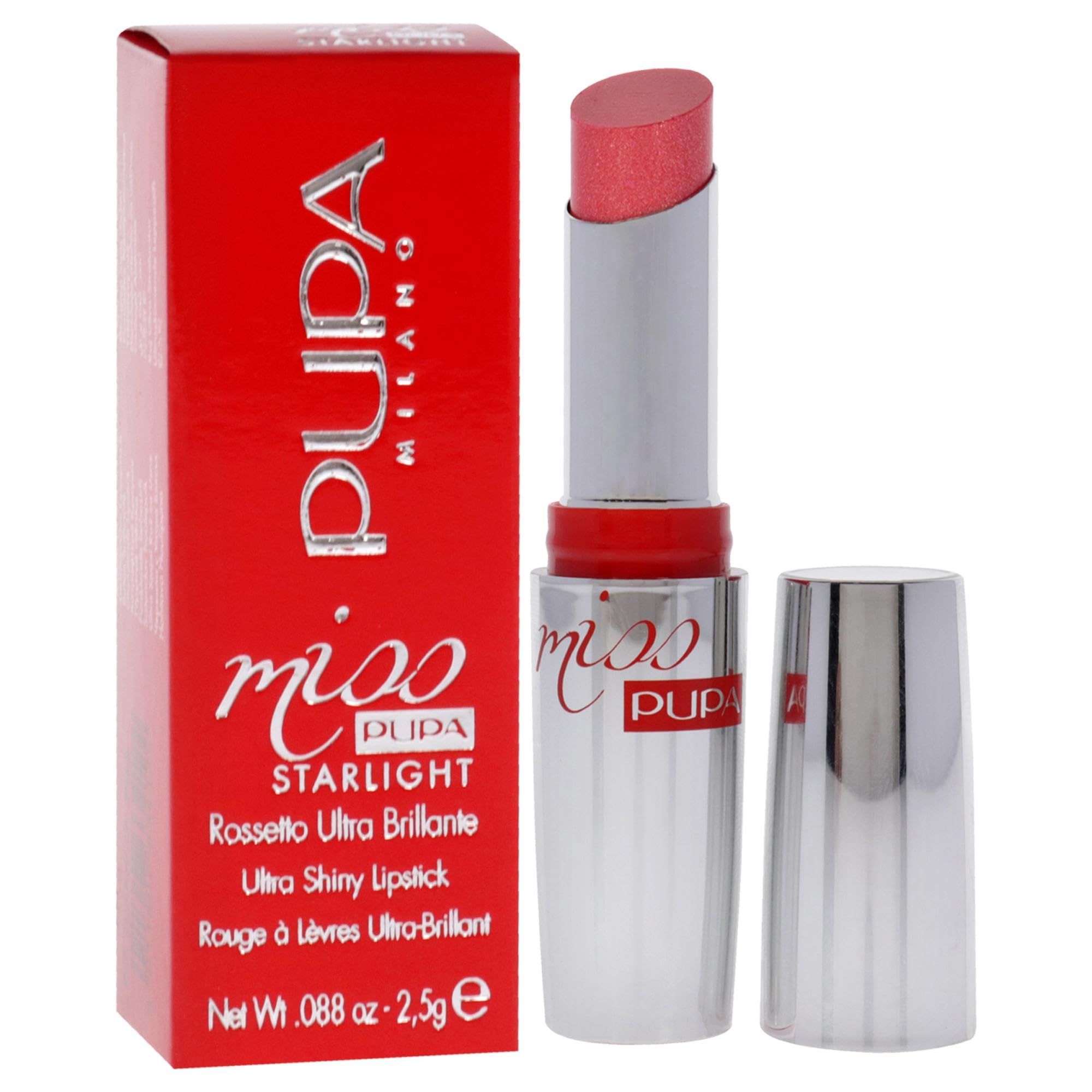 Pupa Miss Pupa Starlight Lipstick, een glanzende roze lipstick in zilveren huls naast rode verpakking.