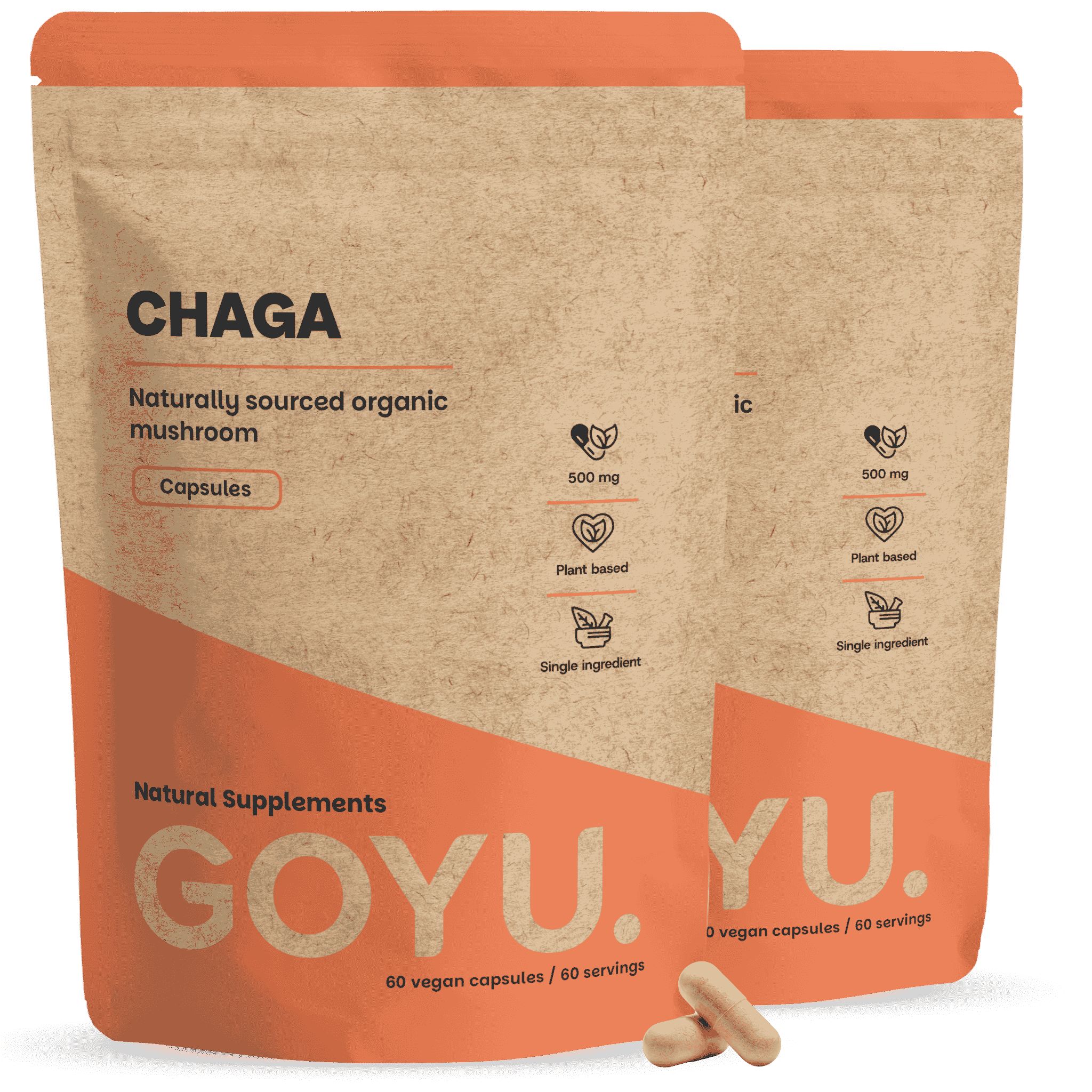 Deux paquets de capsules de Chaga GOYU.YU., 60 capsules végétales par paquet.