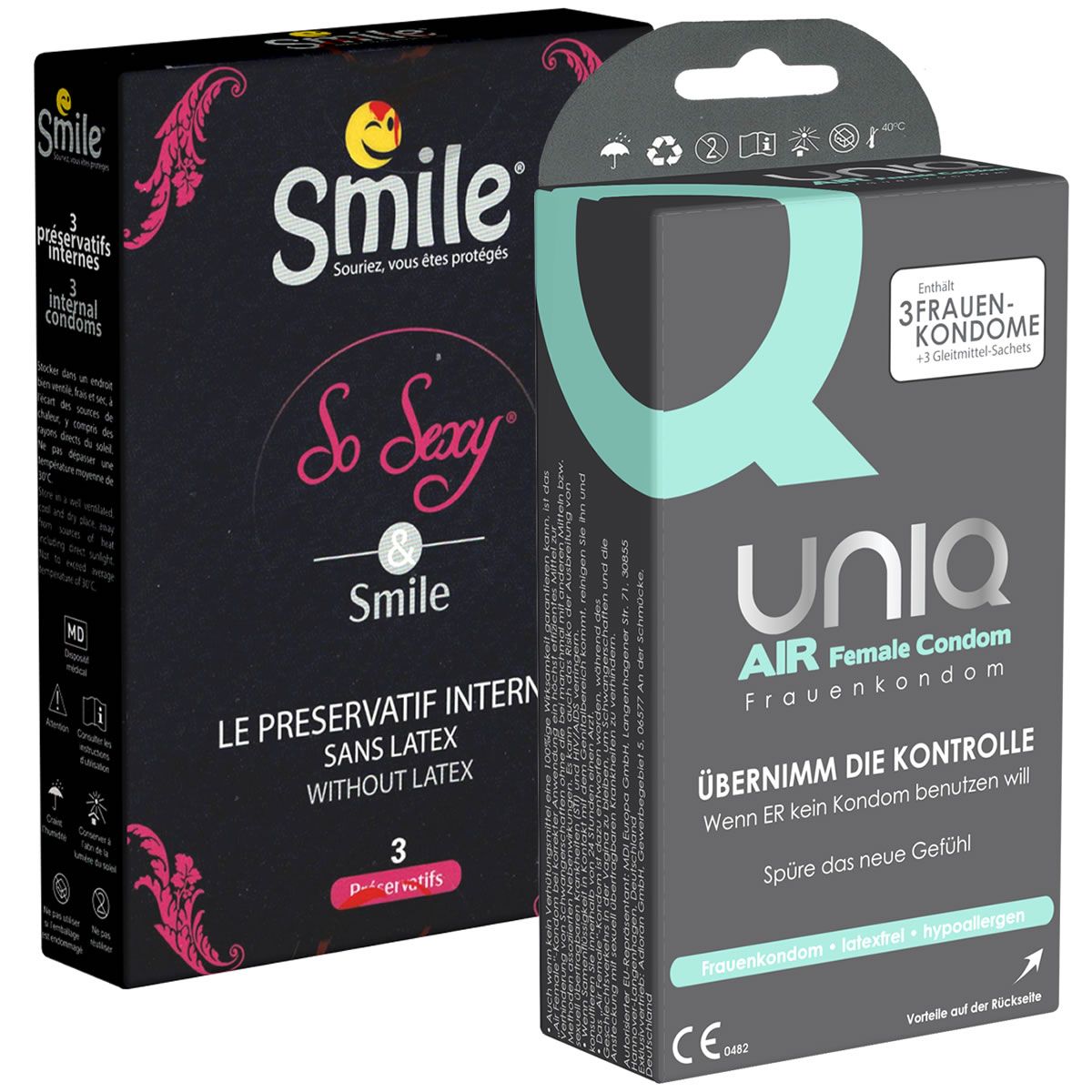 Twee condoomsverpakkingen. Links: "Smile" met tekst "So Sexy". Rechts: "UNIQ AIR Female Condom". Beide met tekst en logo's.