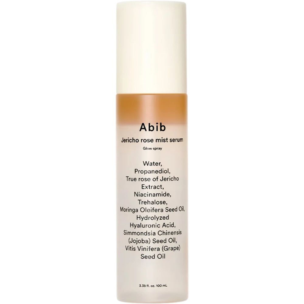 Abib Jericho Rose Mist Serum dans une bouteille transparente avec un vaporisateur.