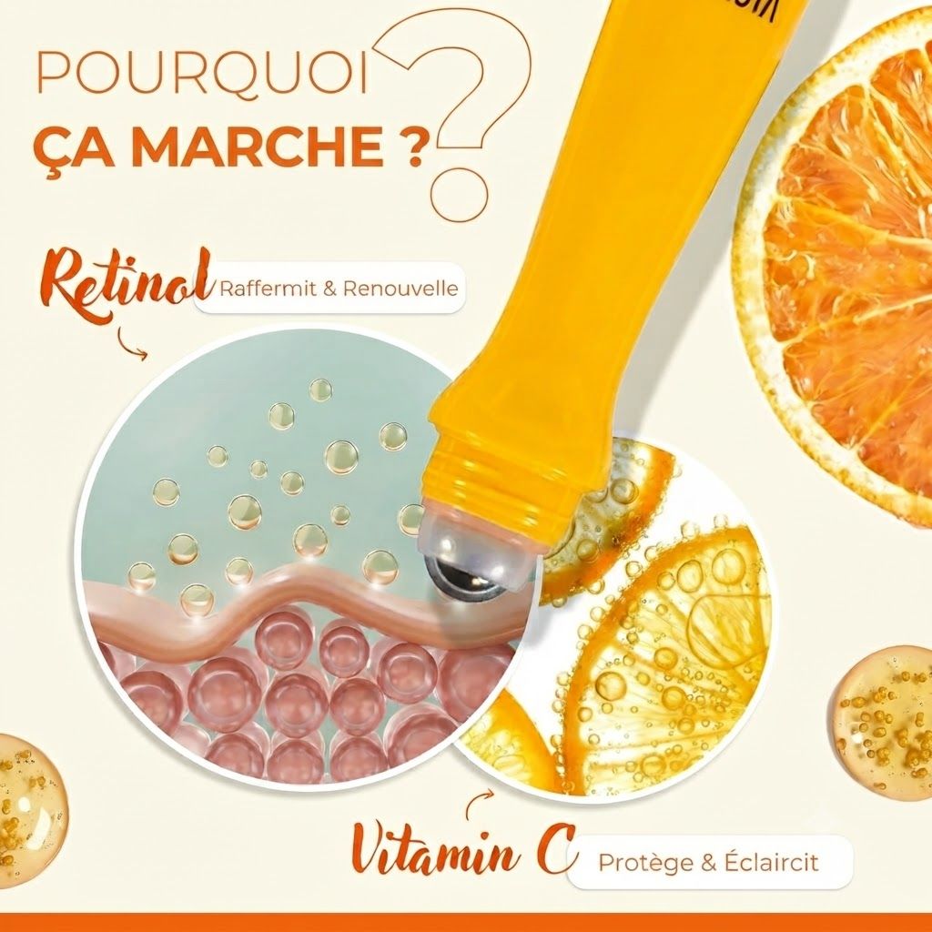 Un roller pour les yeux jaune avec rétinol et vitamine C. Montre des couches de peau et des tranches d'orange.