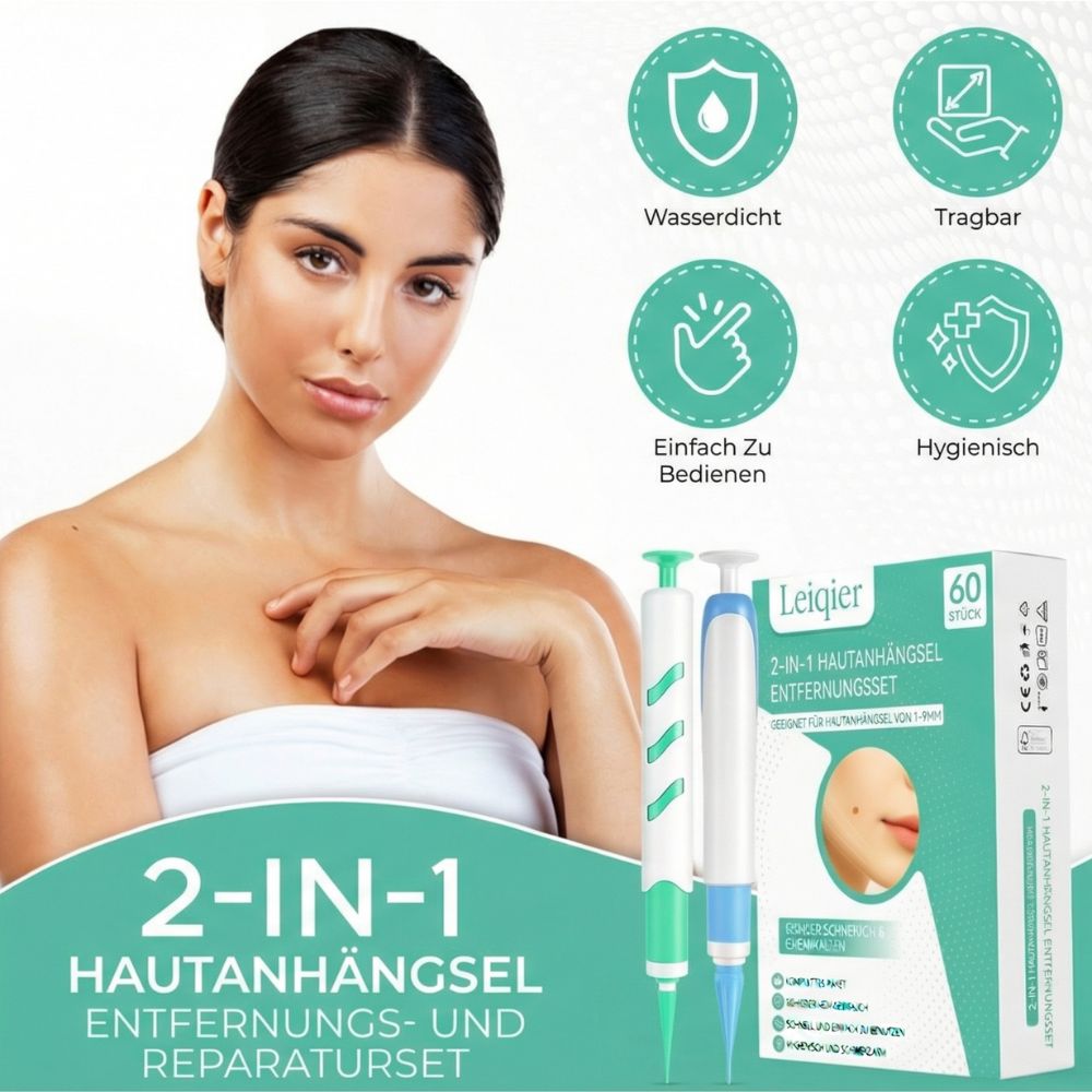Femme avec kit Leiqier. Kit 2-en-1 pour l'élimination et la réparation des excroissances cutanées. Étanche.