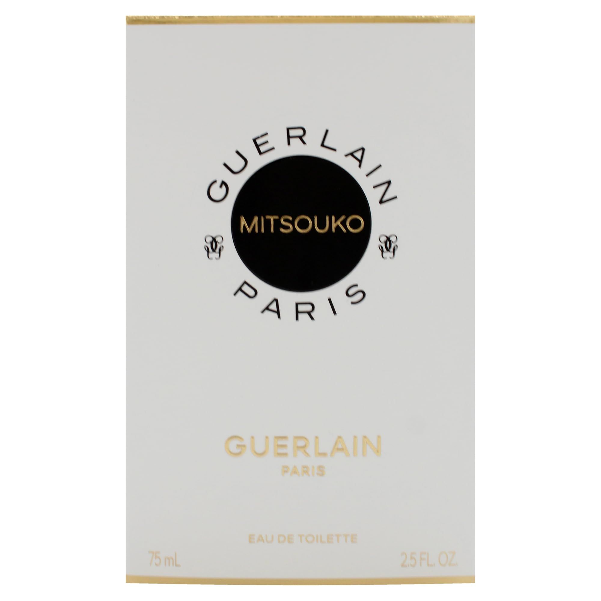 Witte verpakking met zwarte cirkel. Tekst: GUERLAIN, MITSOUKO, PARIS. Onder: Eau de Toilette, 75 ml.