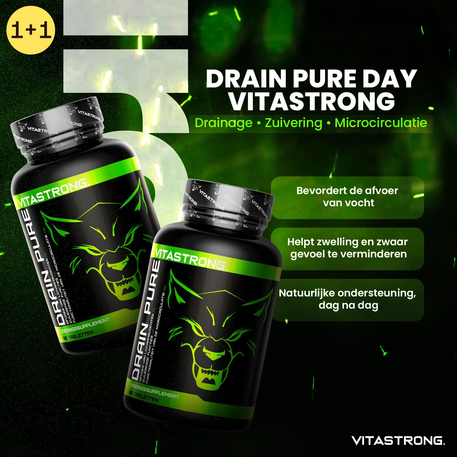 Twee flessen Vitastrong Drainpure. Groene afbeelding met tekst. Bevordert de afvoer van vocht.