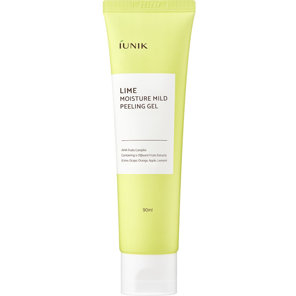 Lichtgroene gel tube met witte dop. Opschrift: IUNIK, LIME MOISTURE MILD PEELING GEL. 90ml.