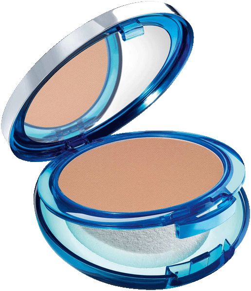 Poederfoundation in blauwe, ronde verpakking met spiegel en applicator. Deksel open, poeder zichtbaar.