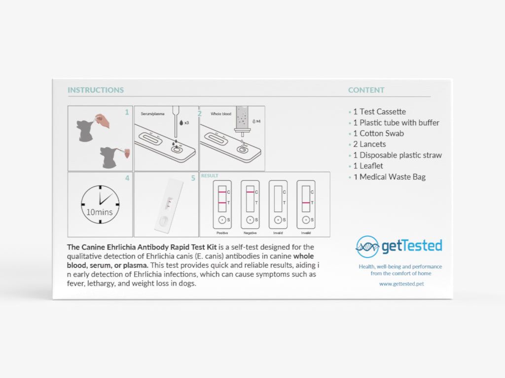 Boîte du test GetTested Ehrlichia. Contient cassette, tube plastique, coton-tige, lancettes, paille et sachet pour déchets médicaux.