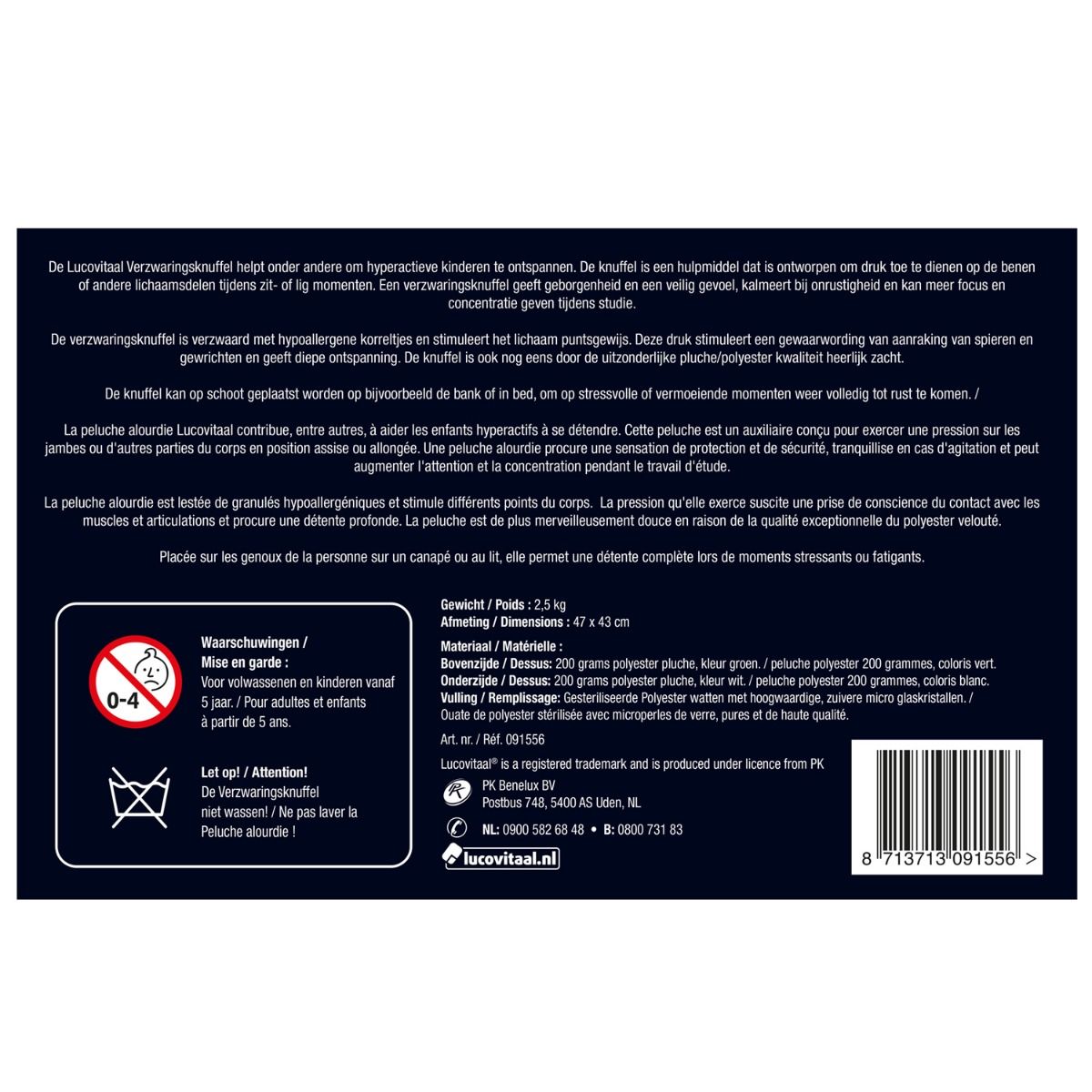 Dos de l'emballage. Texte et informations sur le produit, y compris le poids, les dimensions et la composition du matériau.