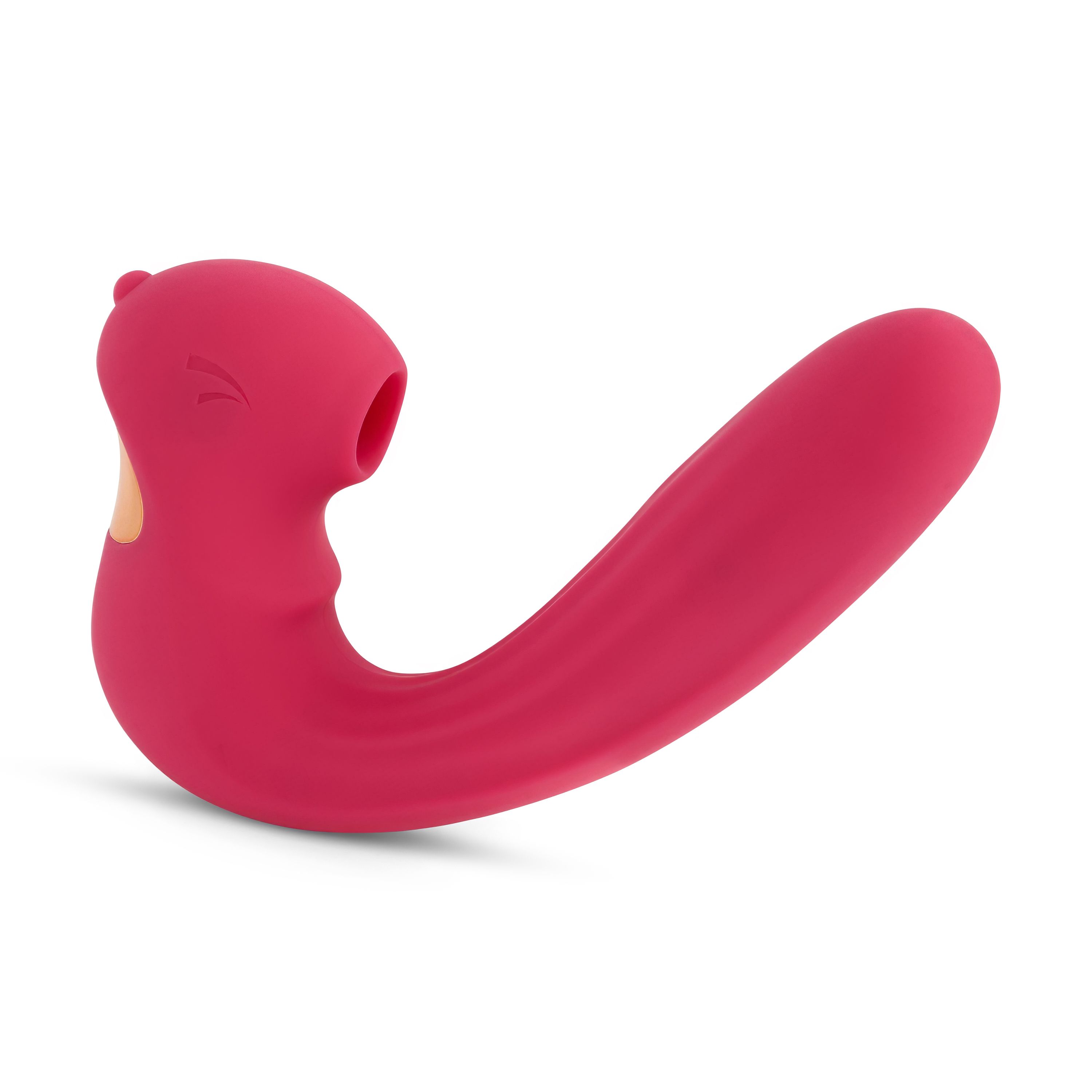 Vibrateur rose de forme incurvée avec accent doré. Ouverture visible à l'extrémité.