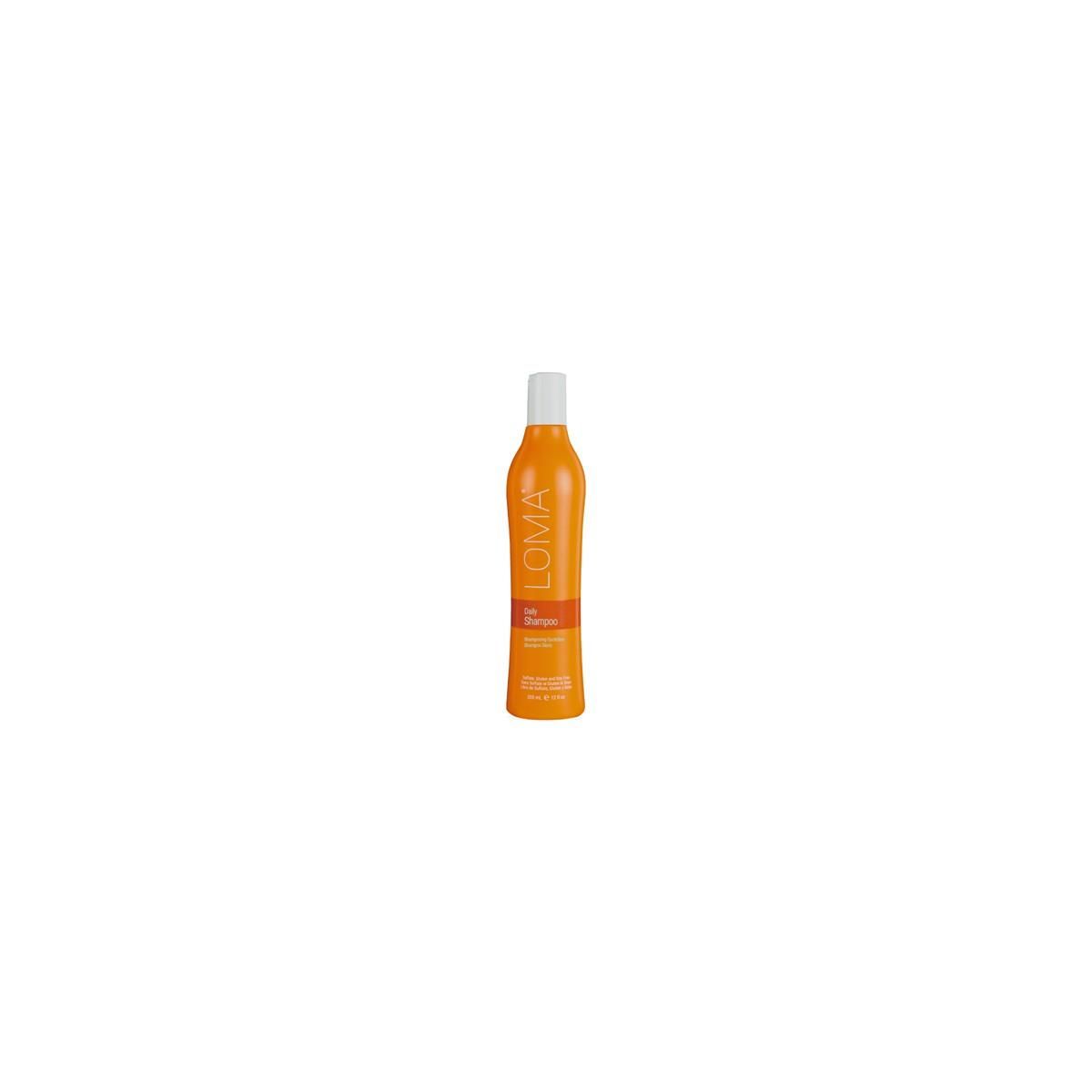 Flacon de shampooing orange avec bouchon blanc. Inscription : LOMA Hair. Produit sur fond blanc.