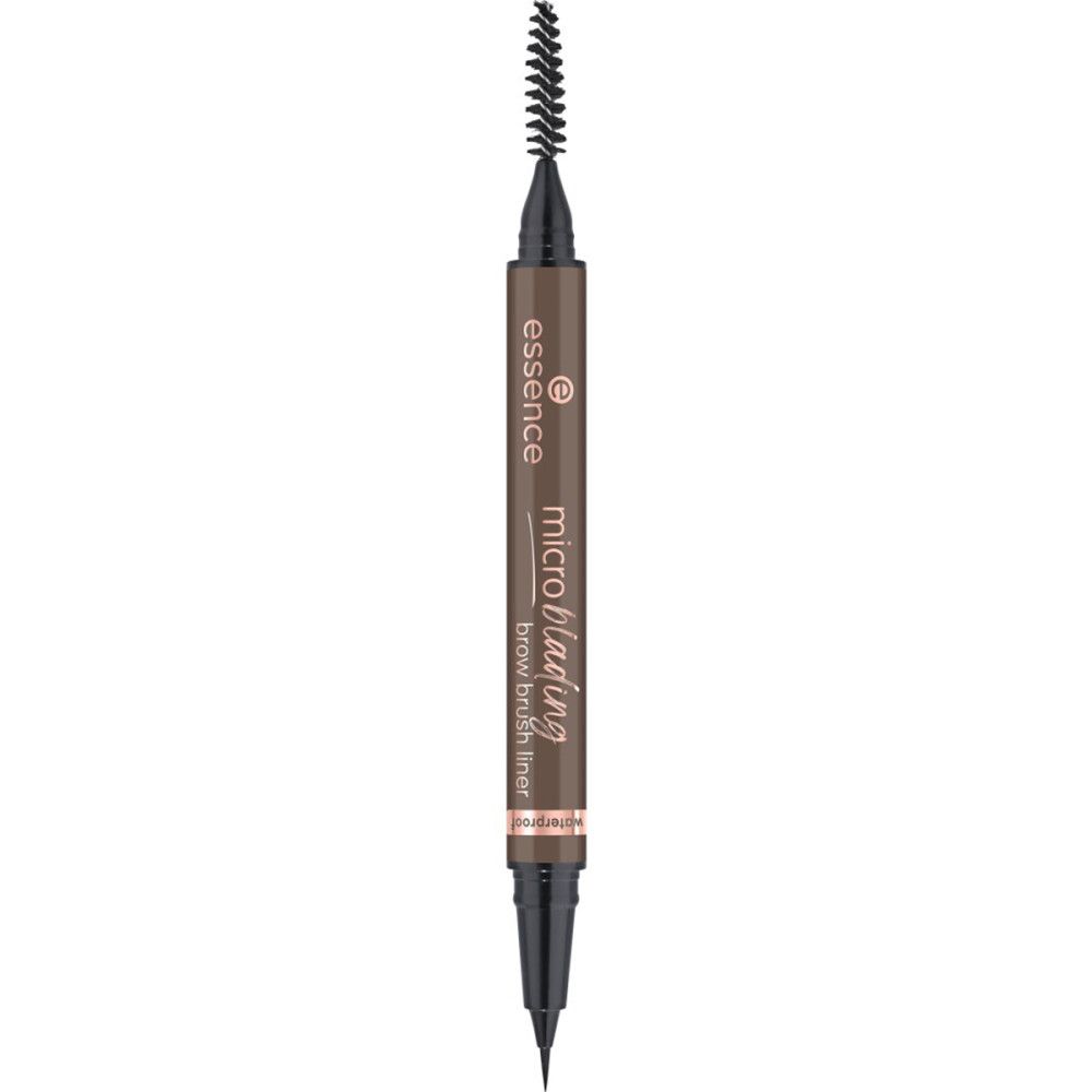 Crayon à sourcils double avec brosse et pointe. Crayon brun foncé avec texte. Inscription: Microblading brow brush liner.