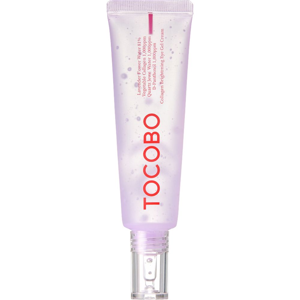 Tube lilas avec texte rouge TOCOBO et informations produit. Contenu gel transparent visible. Embout transparent.