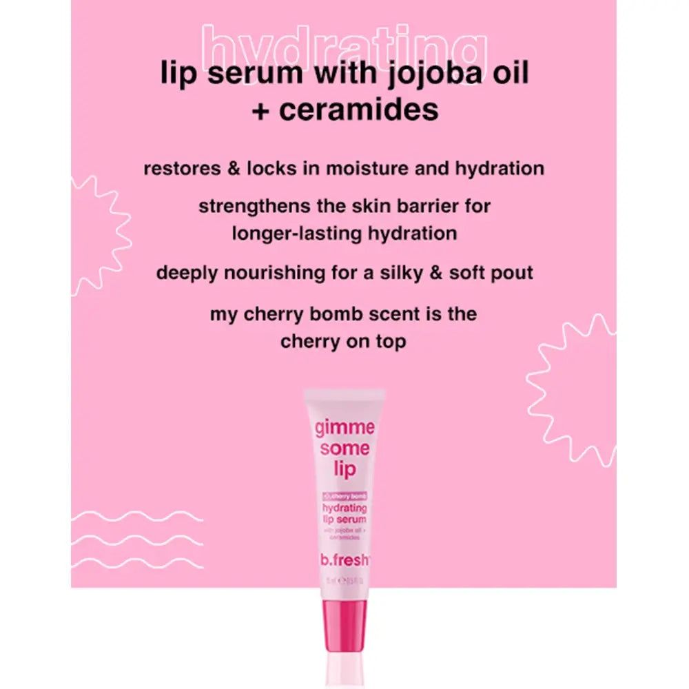 Roze achtergrond met tekst. Klein beeld: tube met opschrift gimme some lip, hydrating lip serum, b.fresh. Tekst over voordelen.