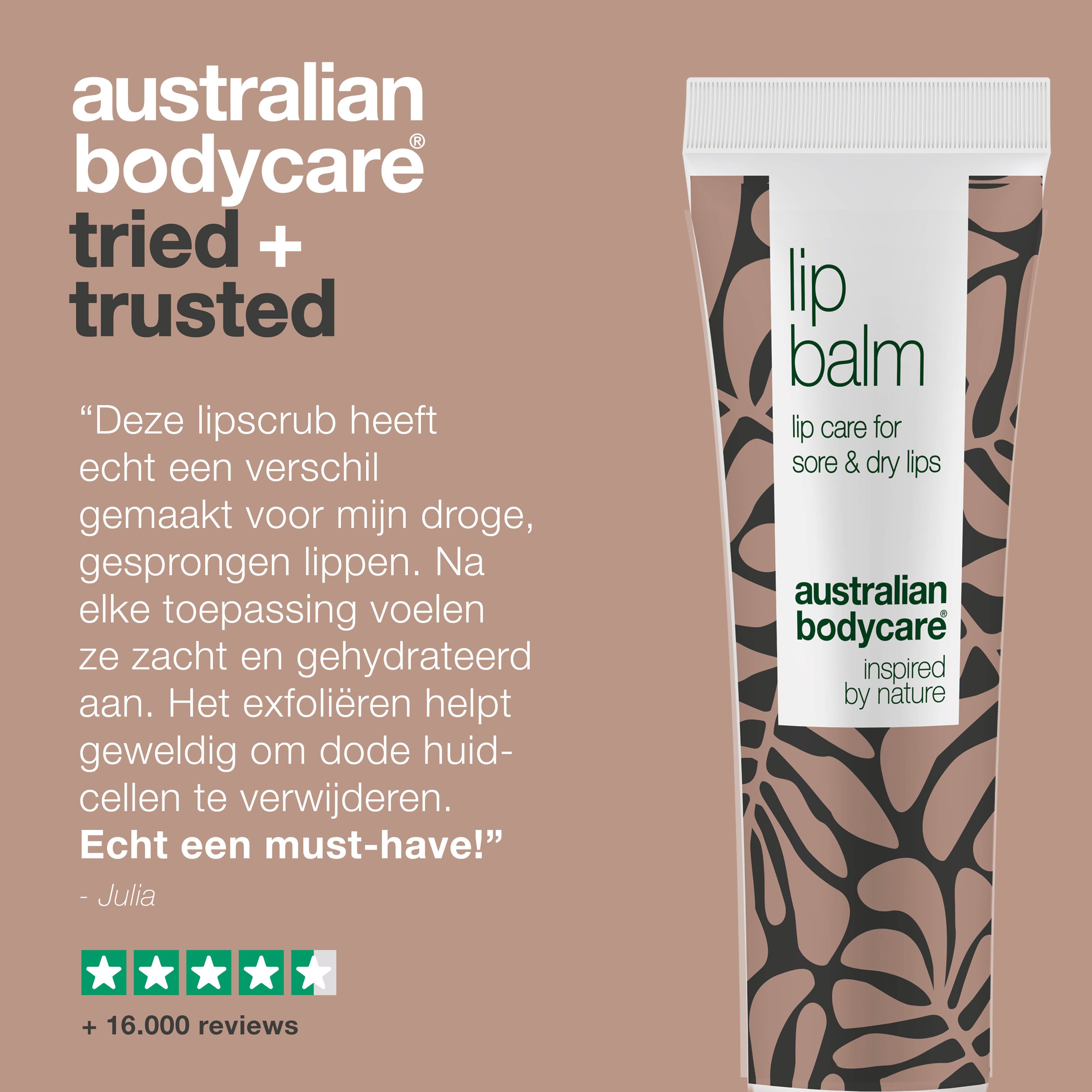 Lippenverzorgingsproduct. Tekst: Lip Balm, australian bodycare. Citaat en sterrenbeoordeling.