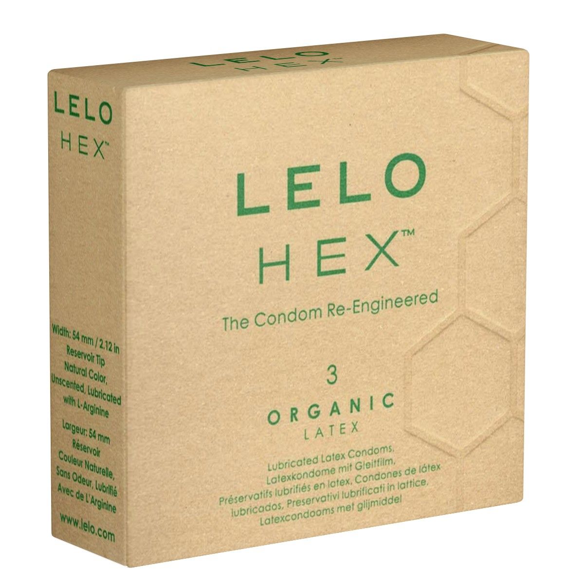Kartonnen verpakking met groene tekst. Opschrift: LELO HEX, 3 Organic Latex. Bevat informatie over grootte en ingrediënten.