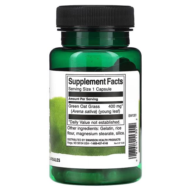 Groene fles met zwarte dop. Achterkant met voedingswaarde-informatie. Bevat: Green Oat Grass, 400 mg, gelatine, rijst, etc.