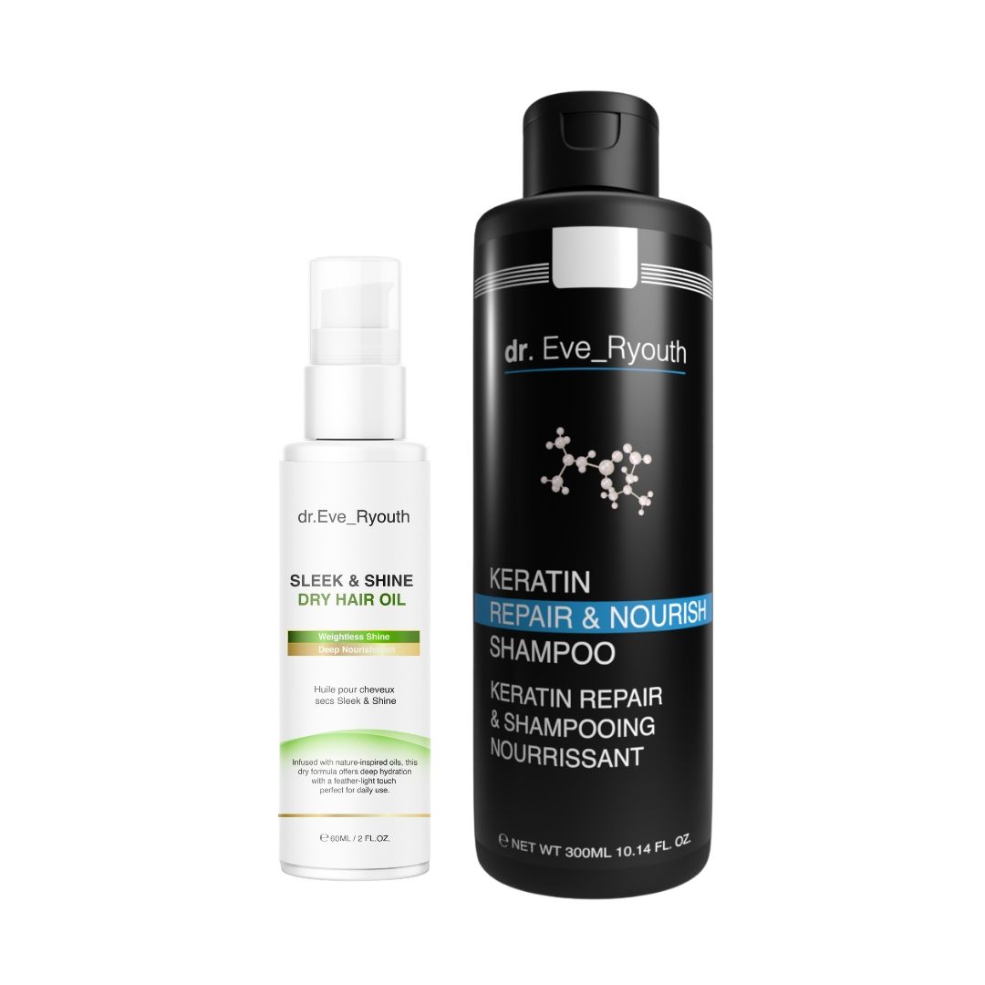 Deux produits capillaires. À gauche, flacon d'huile 'SLEEK & SHINE DRY HAIR OIL'. À droite, flacon de shampooing noir 'KERATIN REPAIR & NOURISH SHAMPOO'.