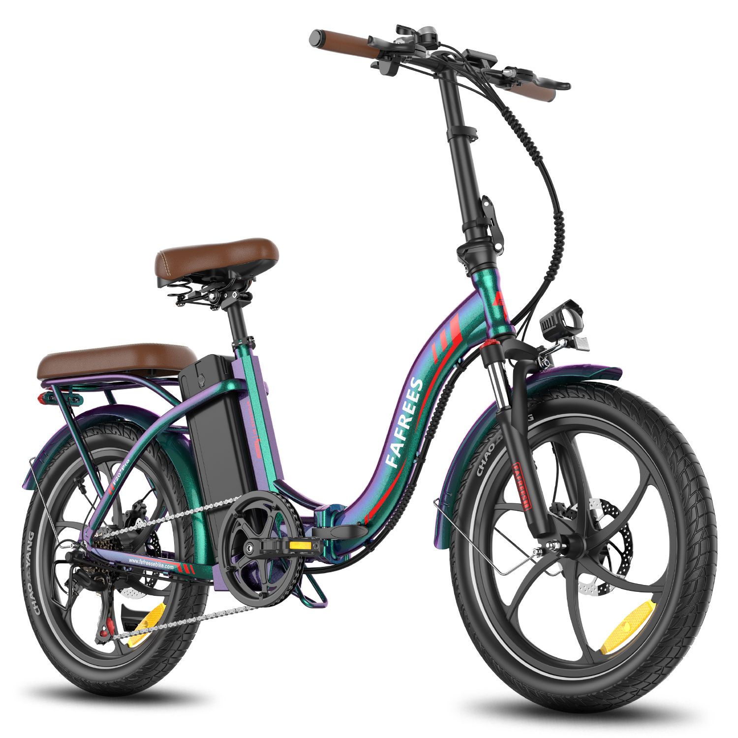 Opvouwbare e-bike, blauw-groen, bruin zadel en bagagedrager. Zwarte banden, velgen en accu. Merk FAFREES.