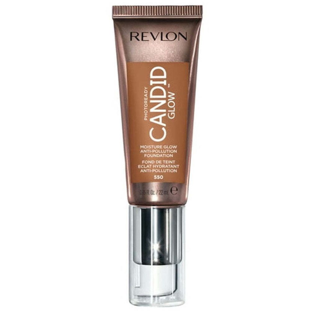 Revlon PhotoReady Candid Glow Foundation. Tube met productnaam en details. Vooraanzicht, witte achtergrond.