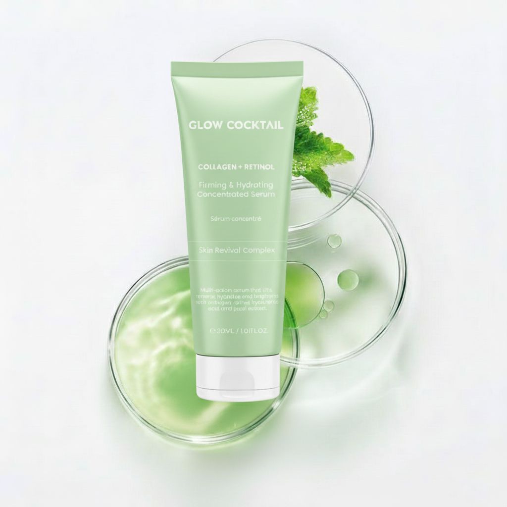Sérum Glow Cocktail dans un tube vert clair, entouré de boîtes de Pétri avec un liquide vert et des feuilles.