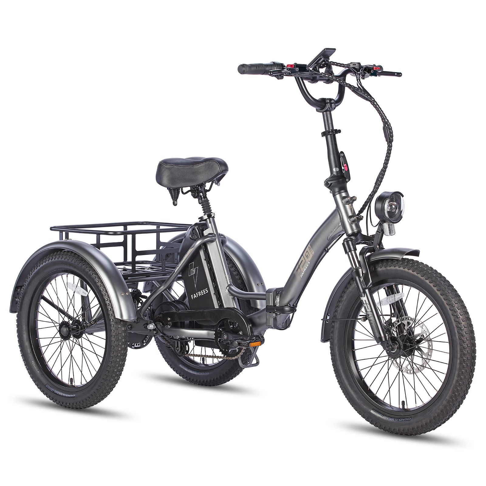 Tricycle gris avec porte-bagages, phare et batterie. Logo Fafrees.