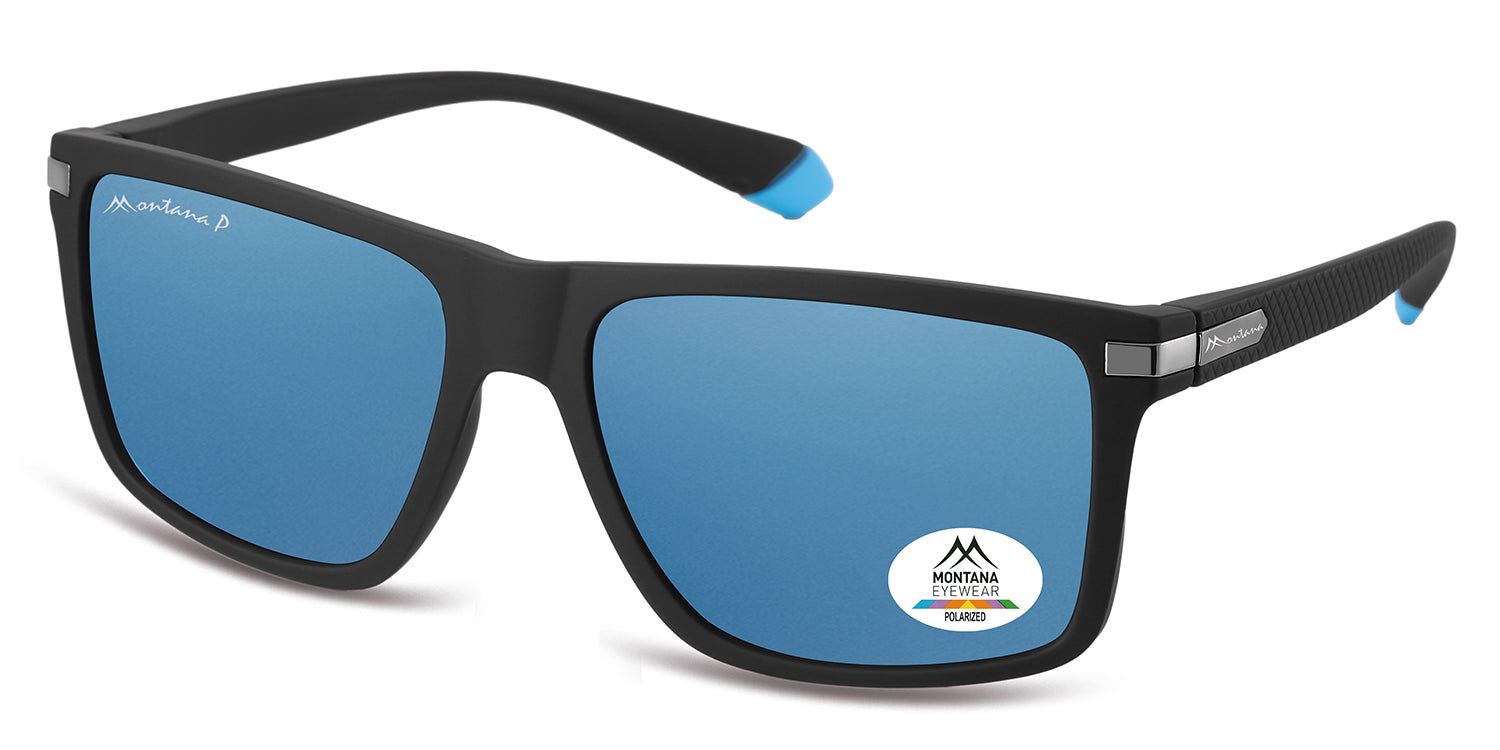 Lunettes de soleil noires à verres bleus. Logo Montana Eyewear et autocollant Polarized. Accents bleus sur les branches.