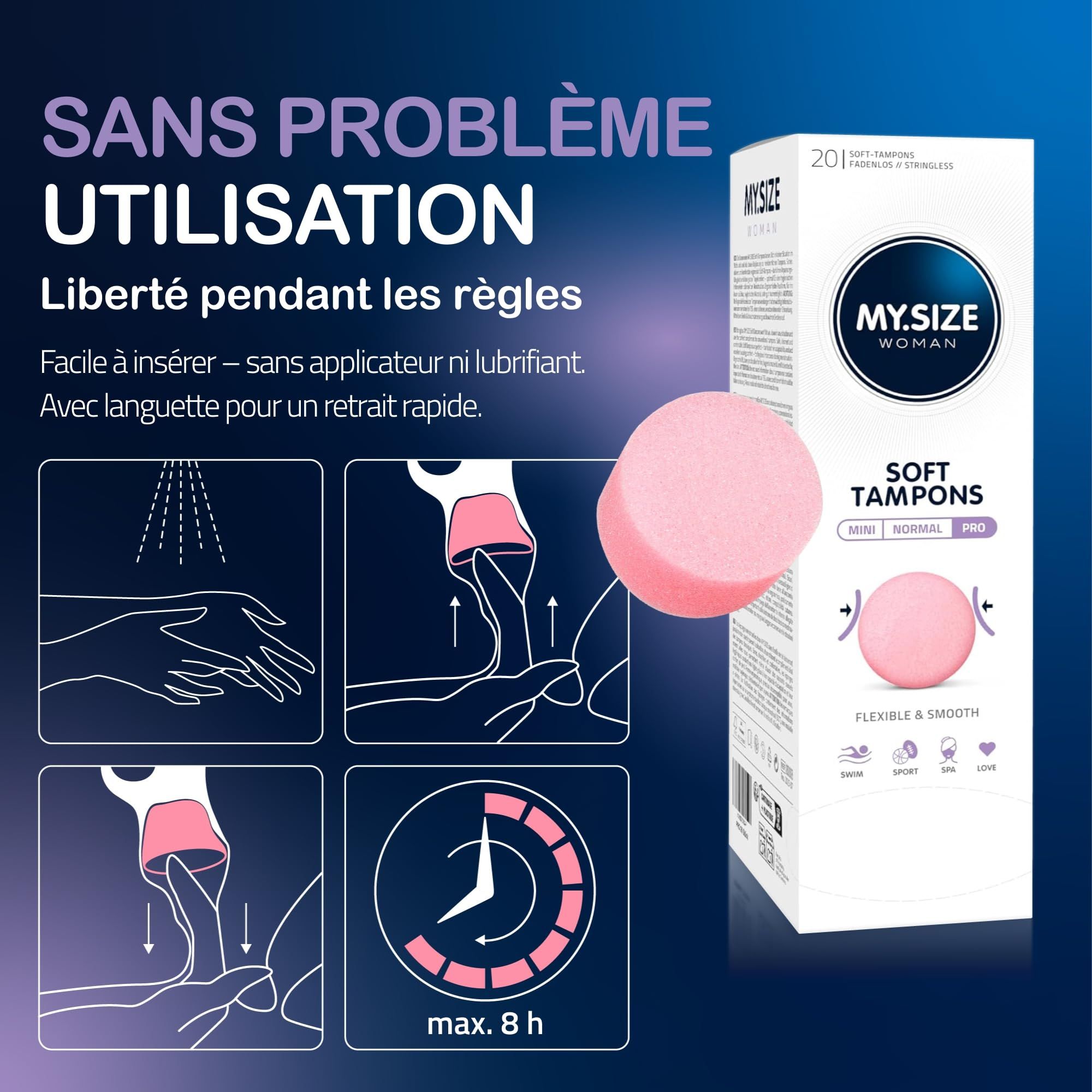 Emballage et un tampon rose. L'emballage indique 'MY.SIZE WOMAN SOFT TAMPONS'.