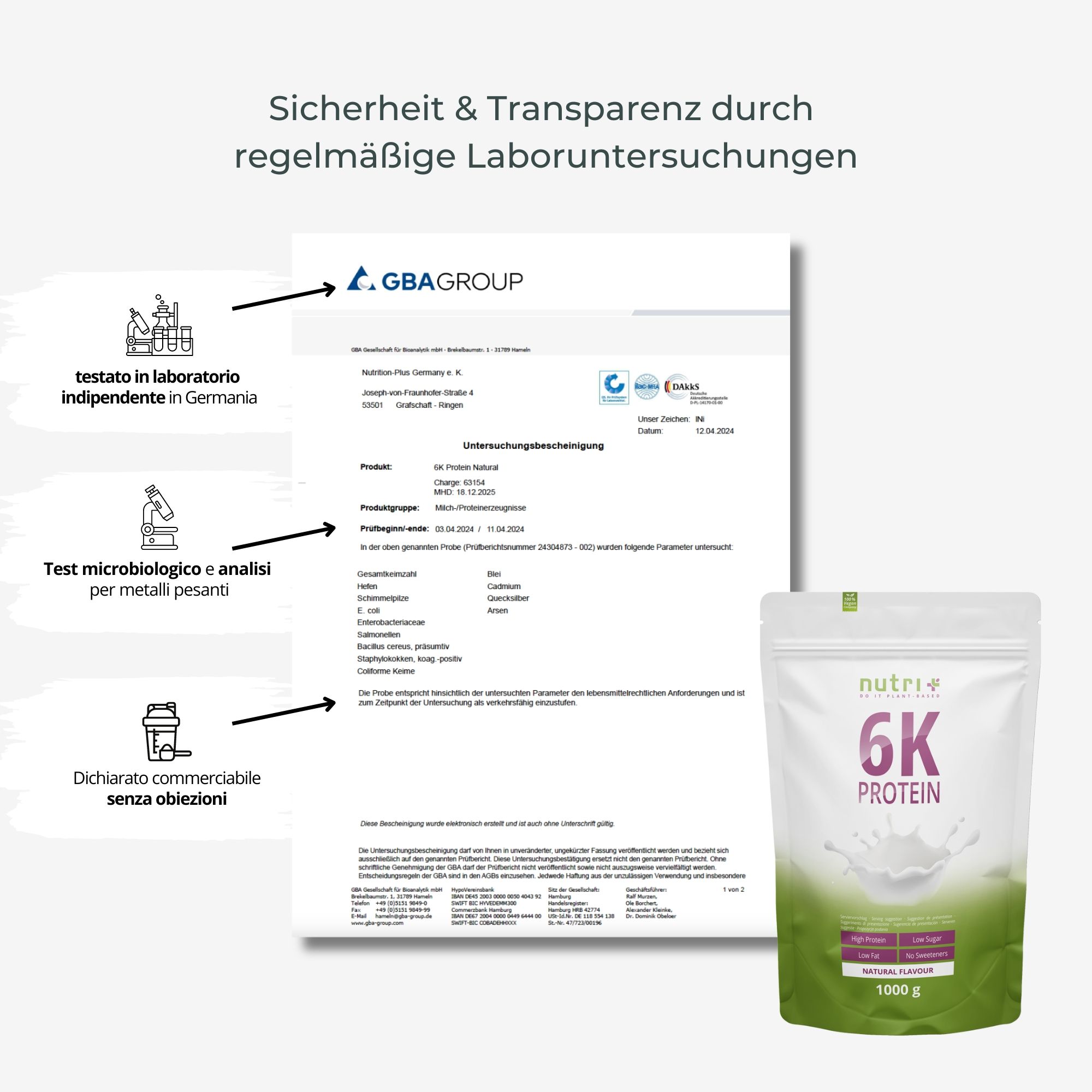 Documents de certification et sachet de protéines. Analyses de laboratoire pour la sécurité et la transparence.