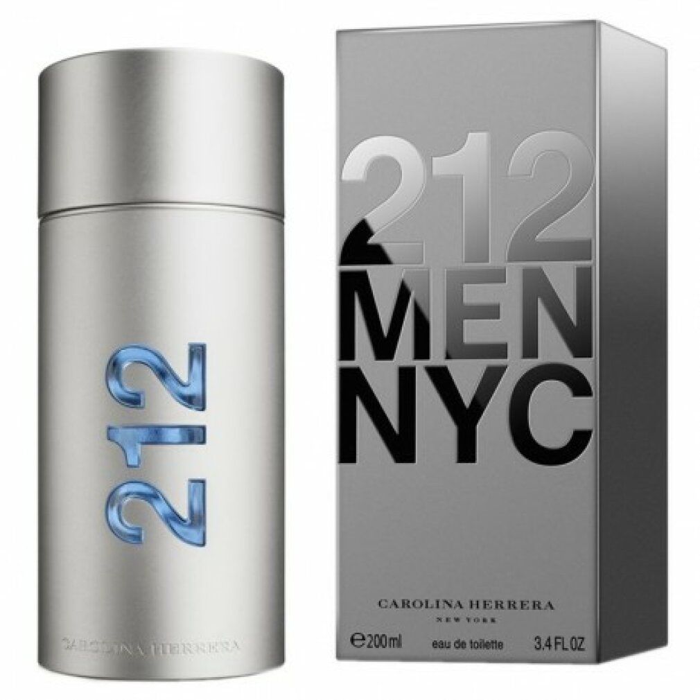 Carolina Herrera 212 Men Eau de Toilette. Flacon et emballage. Flacon argenté avec inscription bleue 212. Emballage avec inscription 212 MEN NYC.