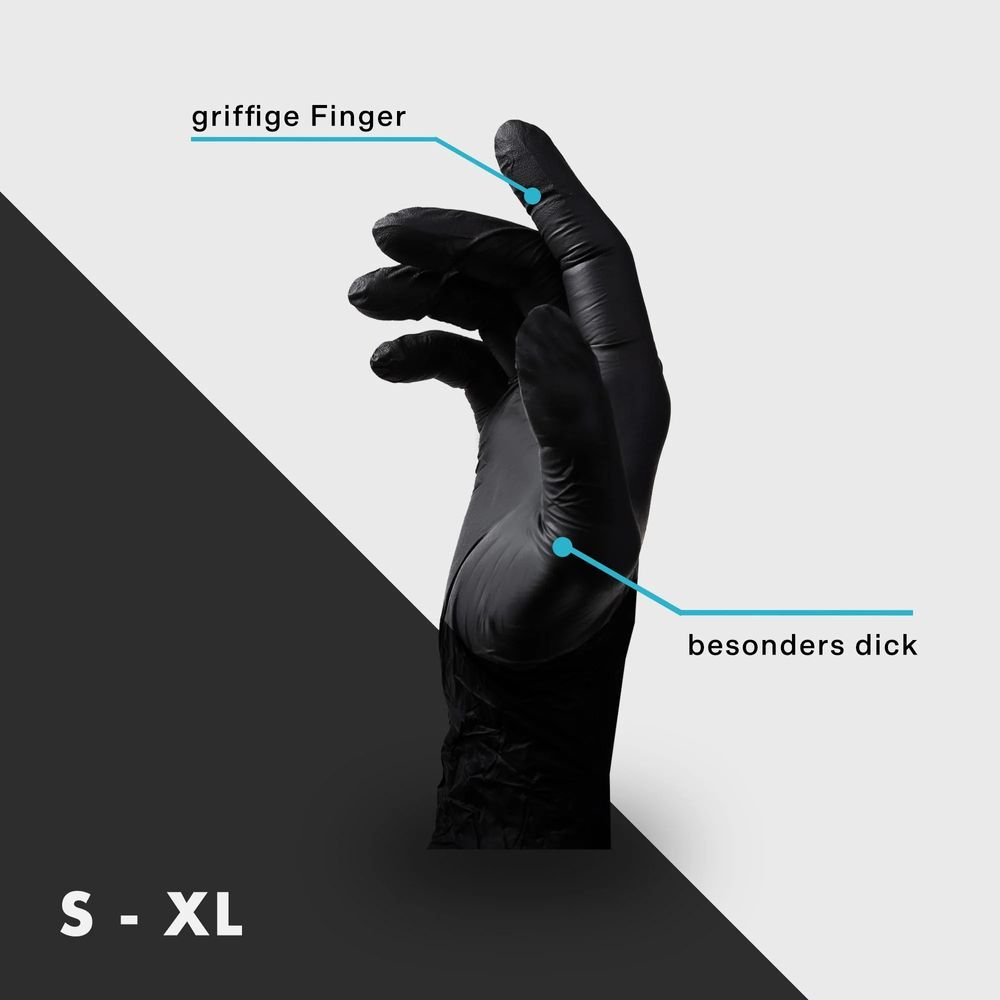Main noire gantée. Légendes: doigts adhérents, particulièrement épais. Tailles: S-XL.