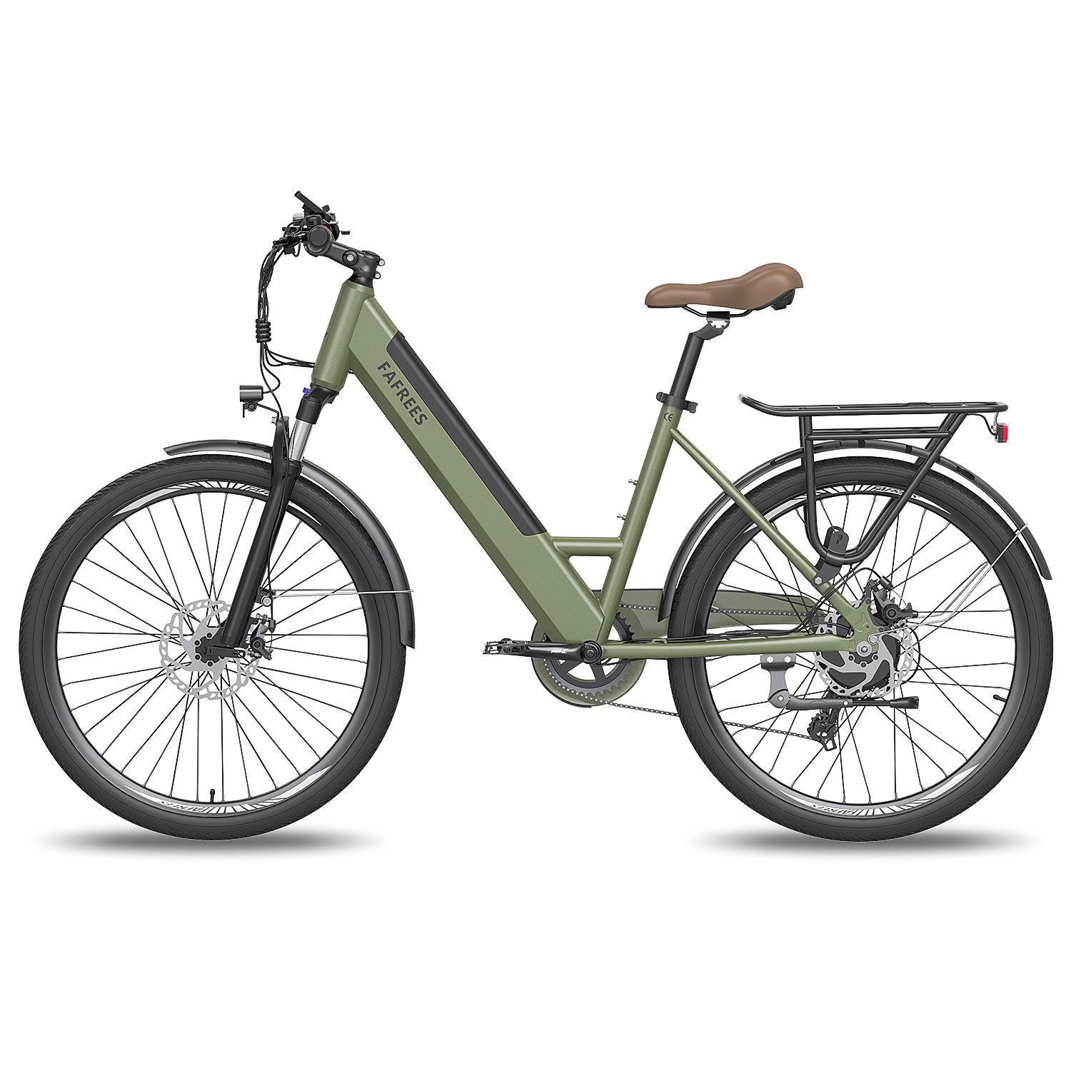 Vélo électrique vert FAFREES. Garde-boue et pneus noirs. Selle marron. Porte-bagages. Vue latérale.