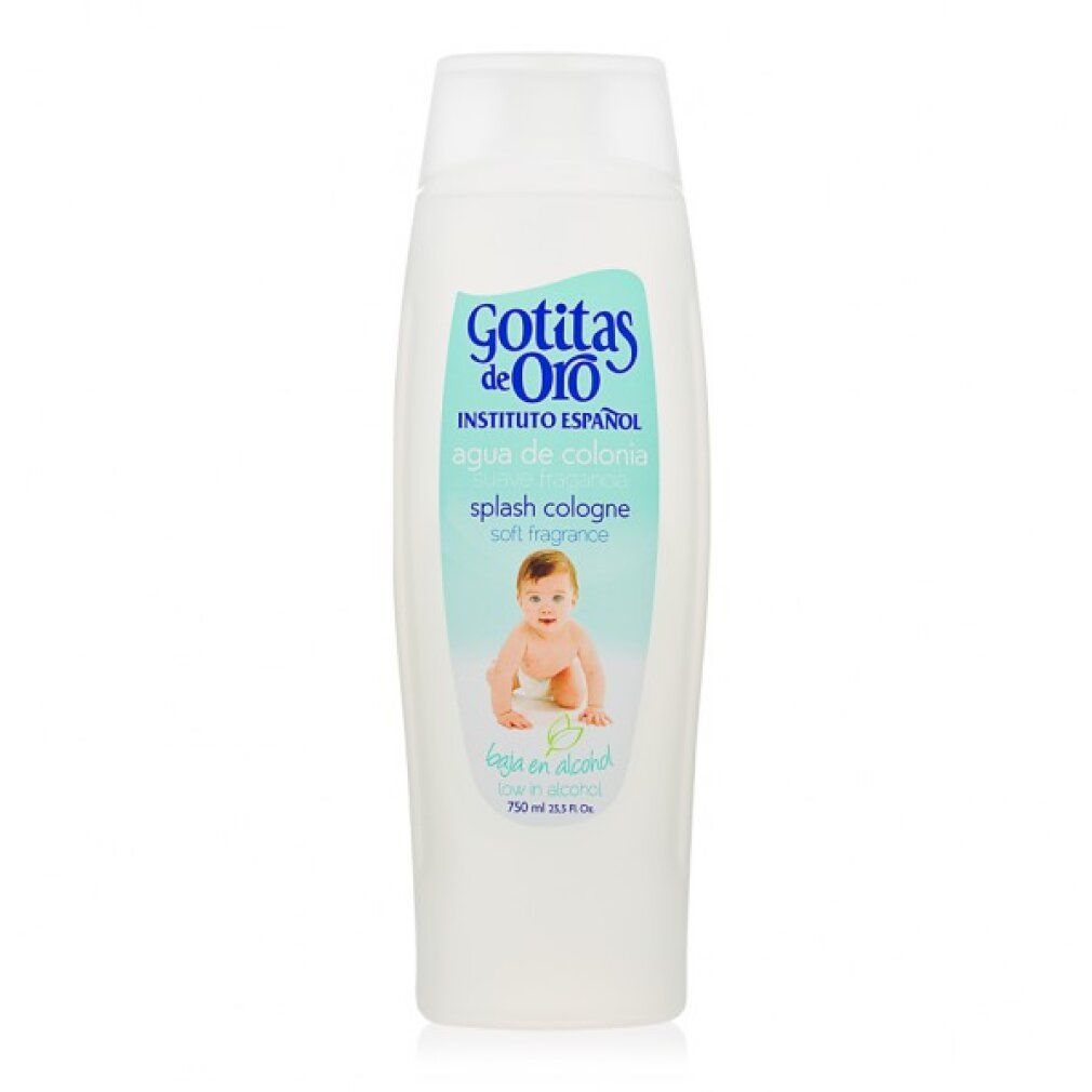 Bouteille blanche avec logo "Gotitas de Oro" et image de bébé. Splash Cologne, 750 ml.
