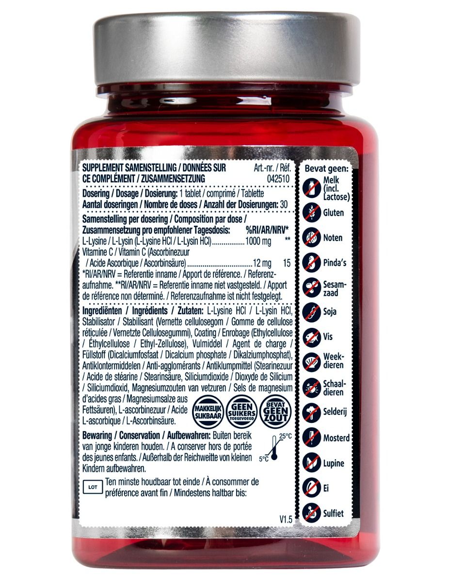 Achterkant L-Lysine fles. Bevat informatie over ingrediënten, dosering en waarschuwingen. Bevat geen melk, lactose, noten, soja, vis, schaaldieren, selderij, mosterd, lupine, ei, sulfiet.