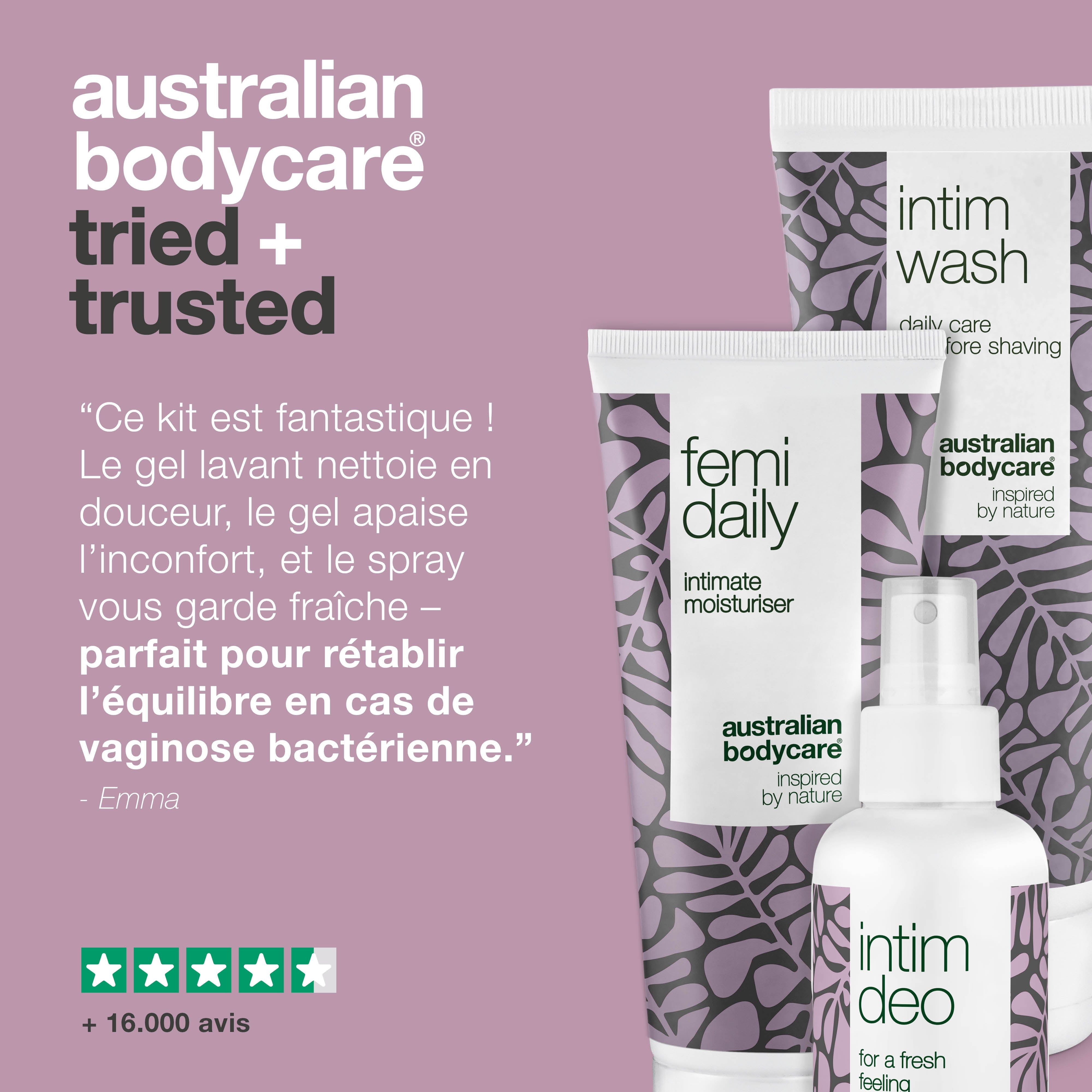 Graphique : Australian Bodycare tried + trusted. Citation sur le set. Produits : Intim Wash, Femi Daily, Intim Deo. Évaluation 5 étoiles.