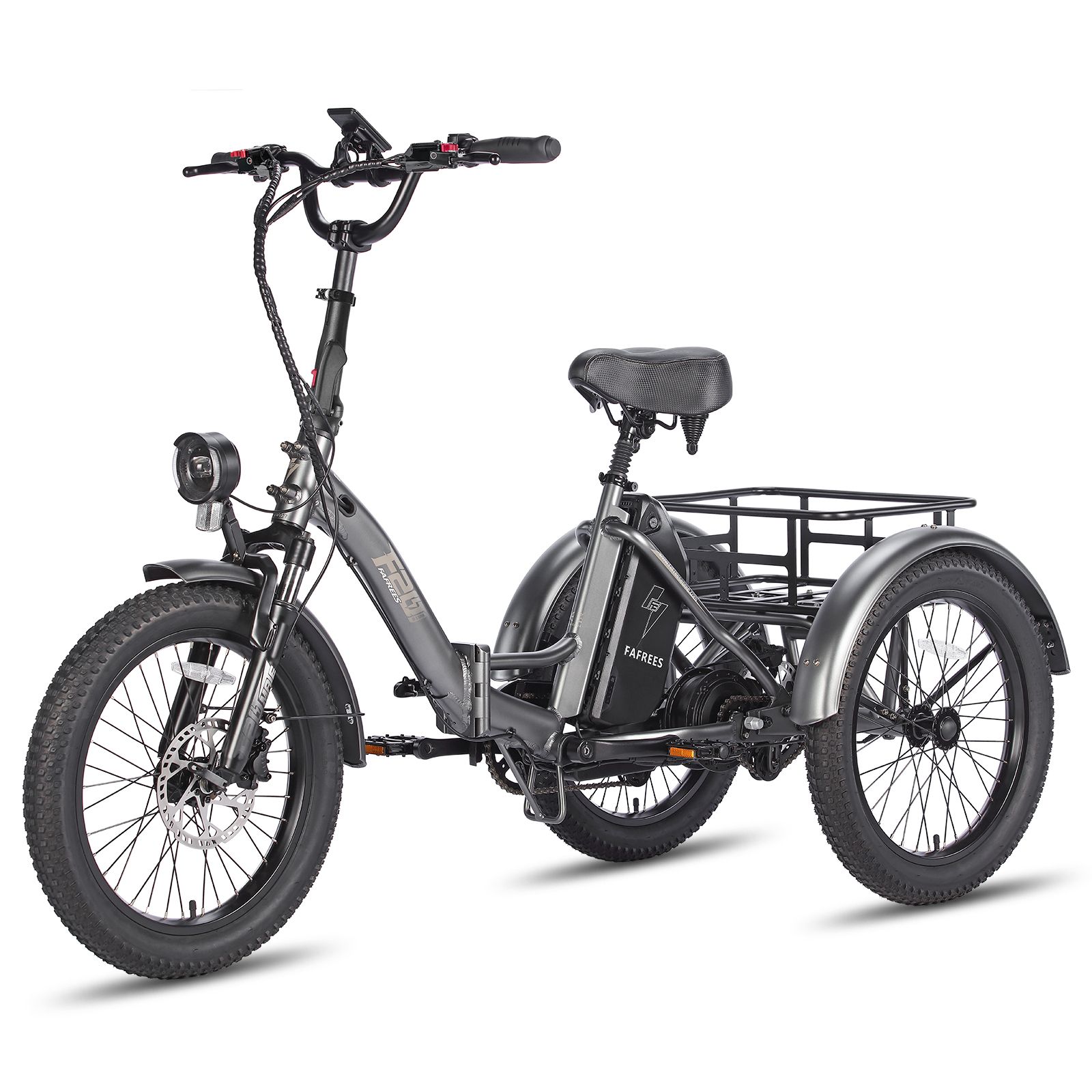 Tricycle gris avec porte-bagages, phare et batterie. Logo Fafrees.