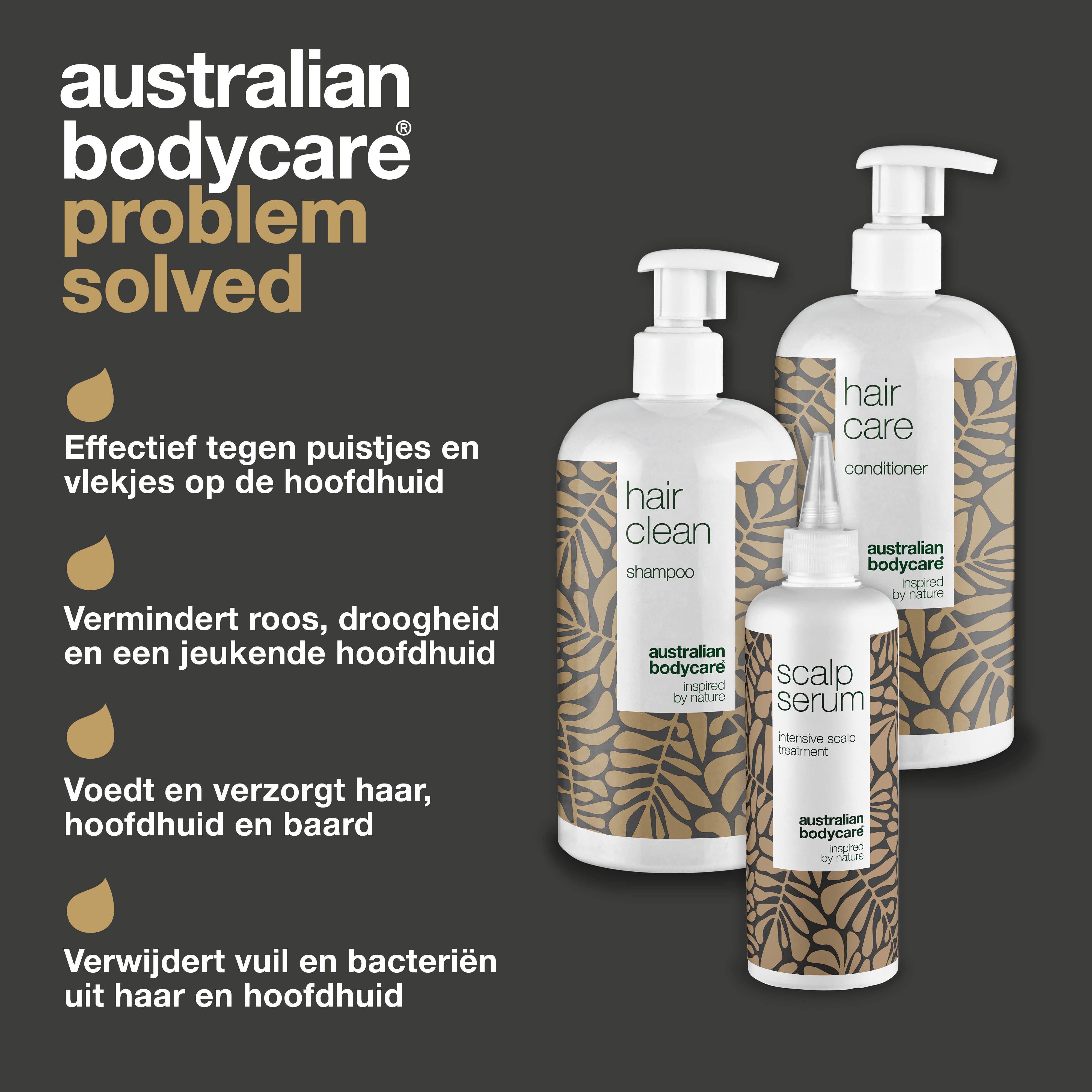Drie flessen Australian Bodycare. Tekst: effectief tegen puistjes en vlekken, vermindert roos en jeuk, voedt haar en hoofdhuid.