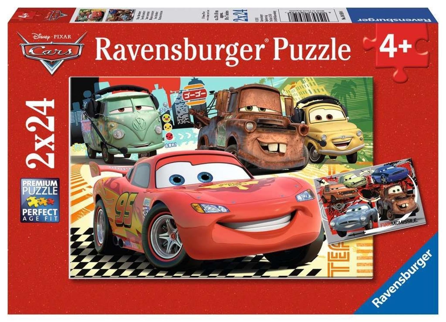 Ravensburger Puzzel Cars 2, 2x24 stukjes. Verpakking met Cars-figuren. Rode rand, logo en productinformatie.