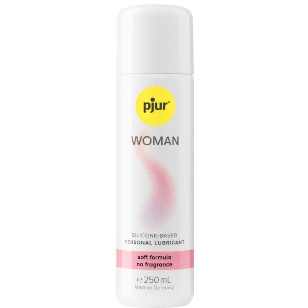 Witte fles met geel logo en roze tekst. Productnaam: pjur WOMAN. Tekst: SILICONE-BASED PERSONAL LUBRICANT, soft formula no fragrance, e 250 mL.