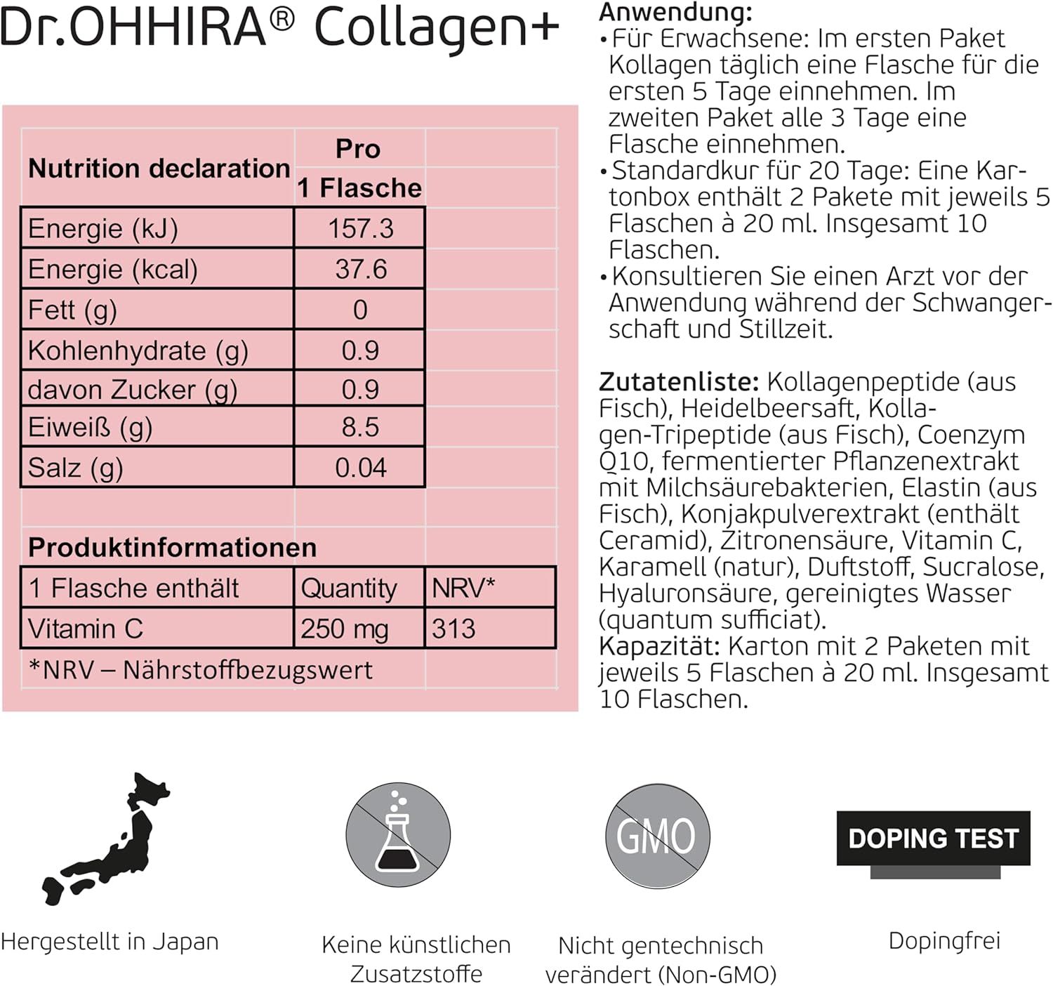Informations nutritionnelles et ingrédients Dr. OHHIRA Collagen+ par flacon.