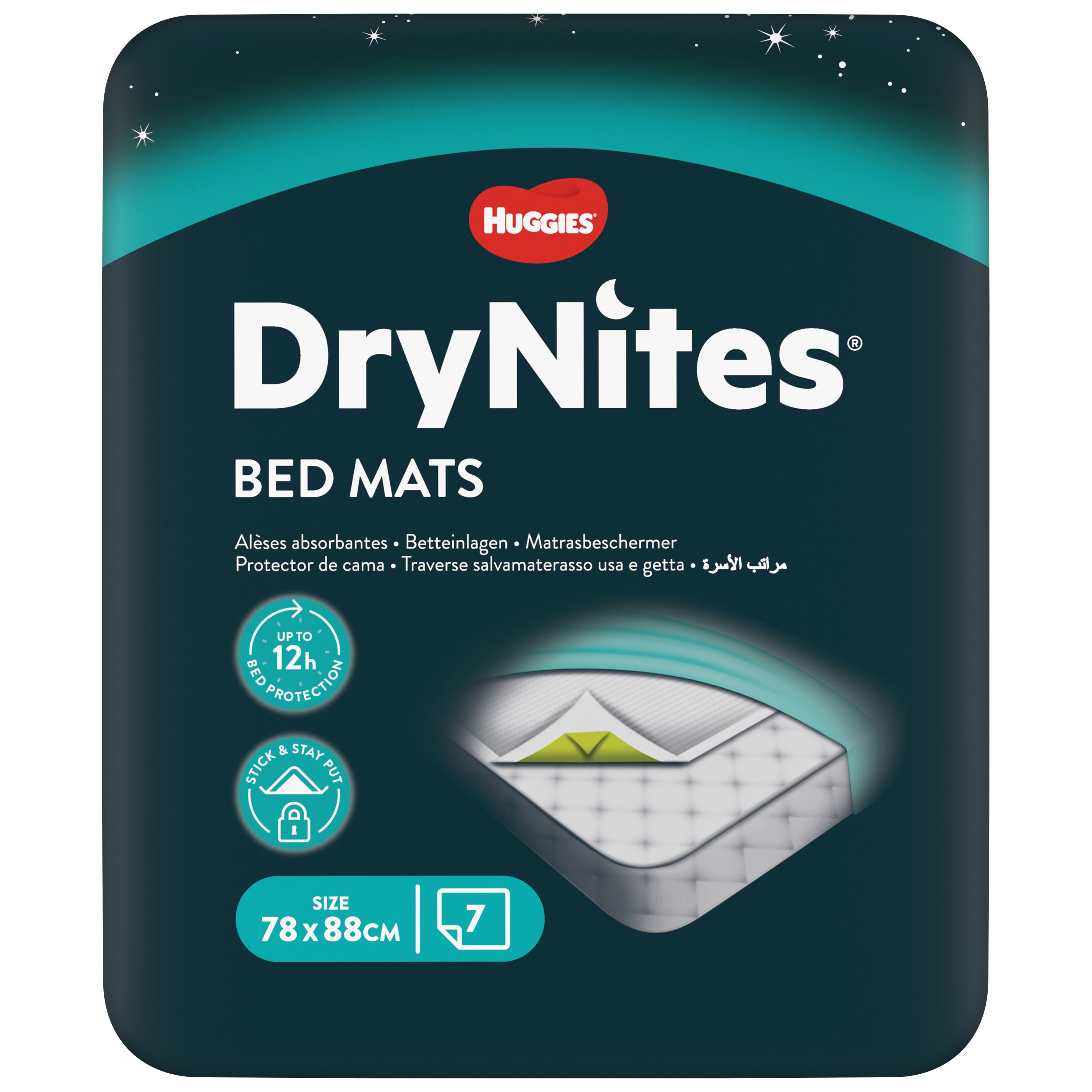 Emballage de Huggies DryNites Bed Mats. Dimensions 78 x 88 cm. 7 unités. Texte : Protection jusqu'à 12h.