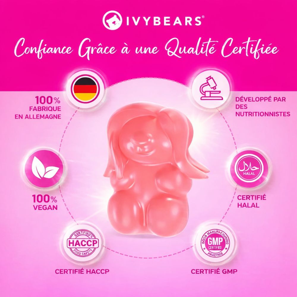 Roze gummyberen in de vorm van beren. Tekst: 100% Made in Germany, 100% Vegan, Halal gecertificeerd, HACCP gecertificeerd, GMP gecertificeerd.