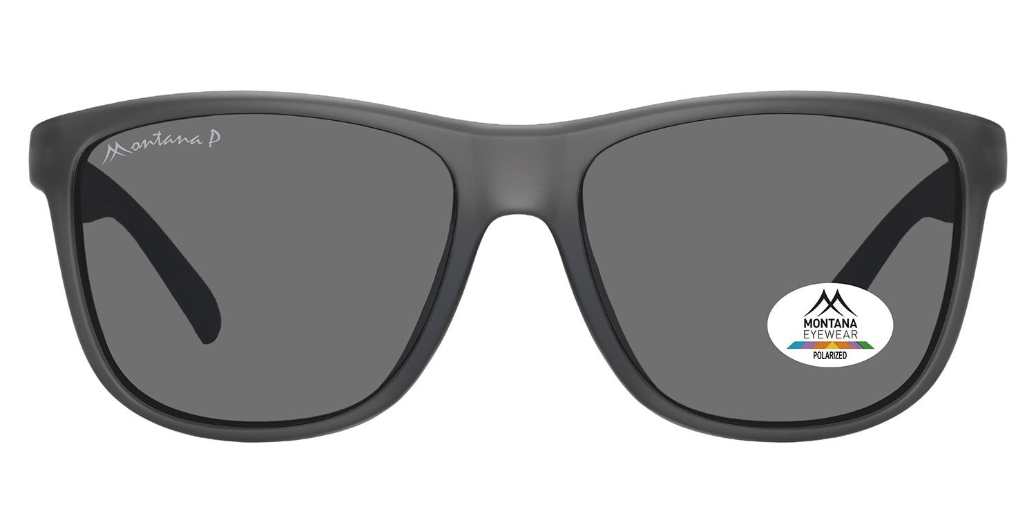 Lunettes de soleil grises foncées avec verres rectangulaires. Logo Montana Eyewear sur la branche et le verre. Sceau polarisé.