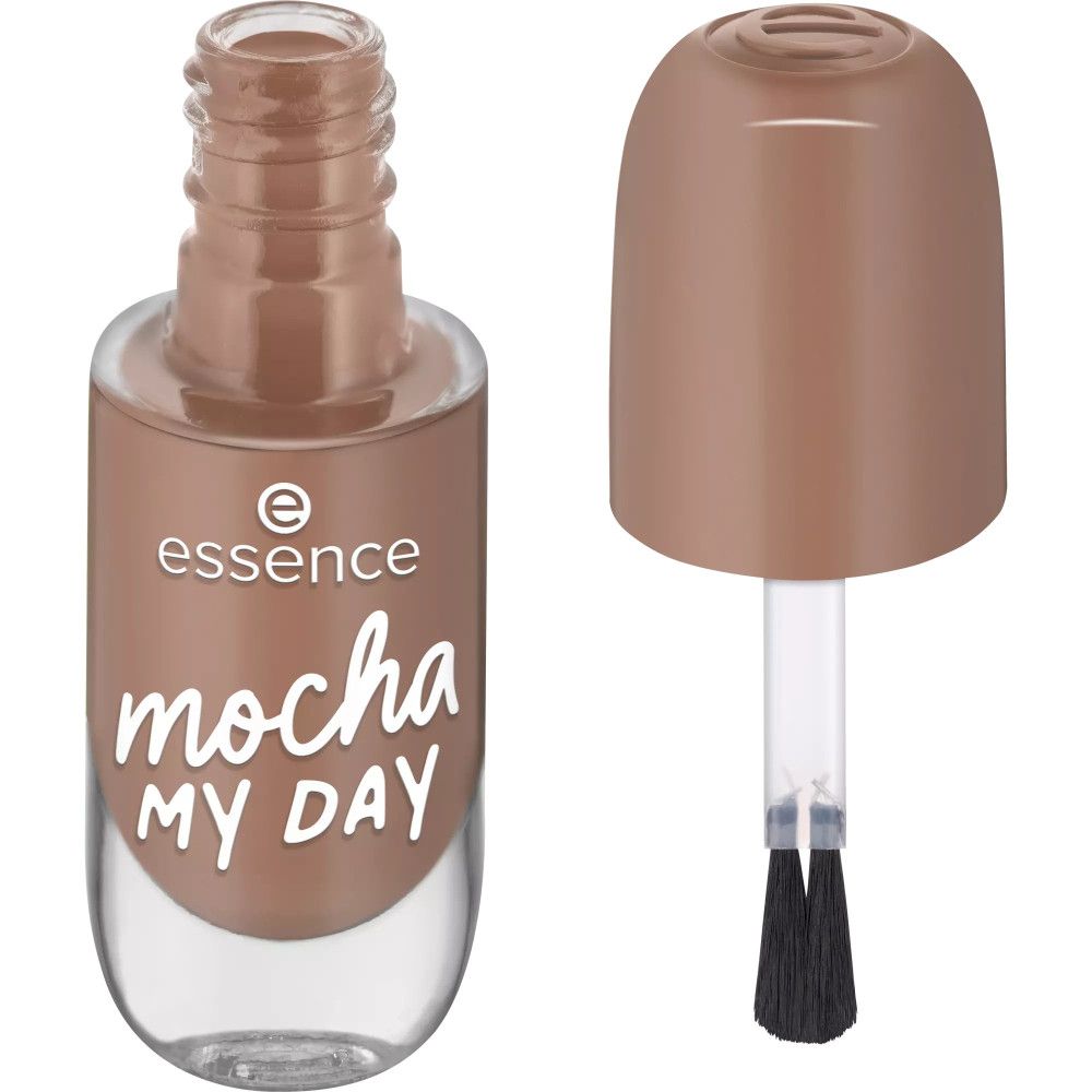 Flacon de vernis à ongles ouvert avec pinceau. Inscription "essence mocha MY DAY". Couleur marron clair.