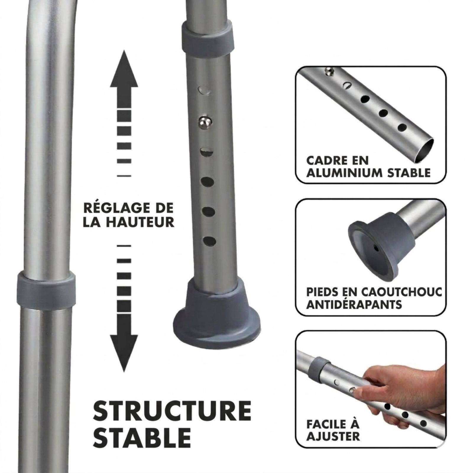 Détails du tabouret de douche : réglage de la hauteur, structure stable, cadre en aluminium, pieds en caoutchouc antidérapants.