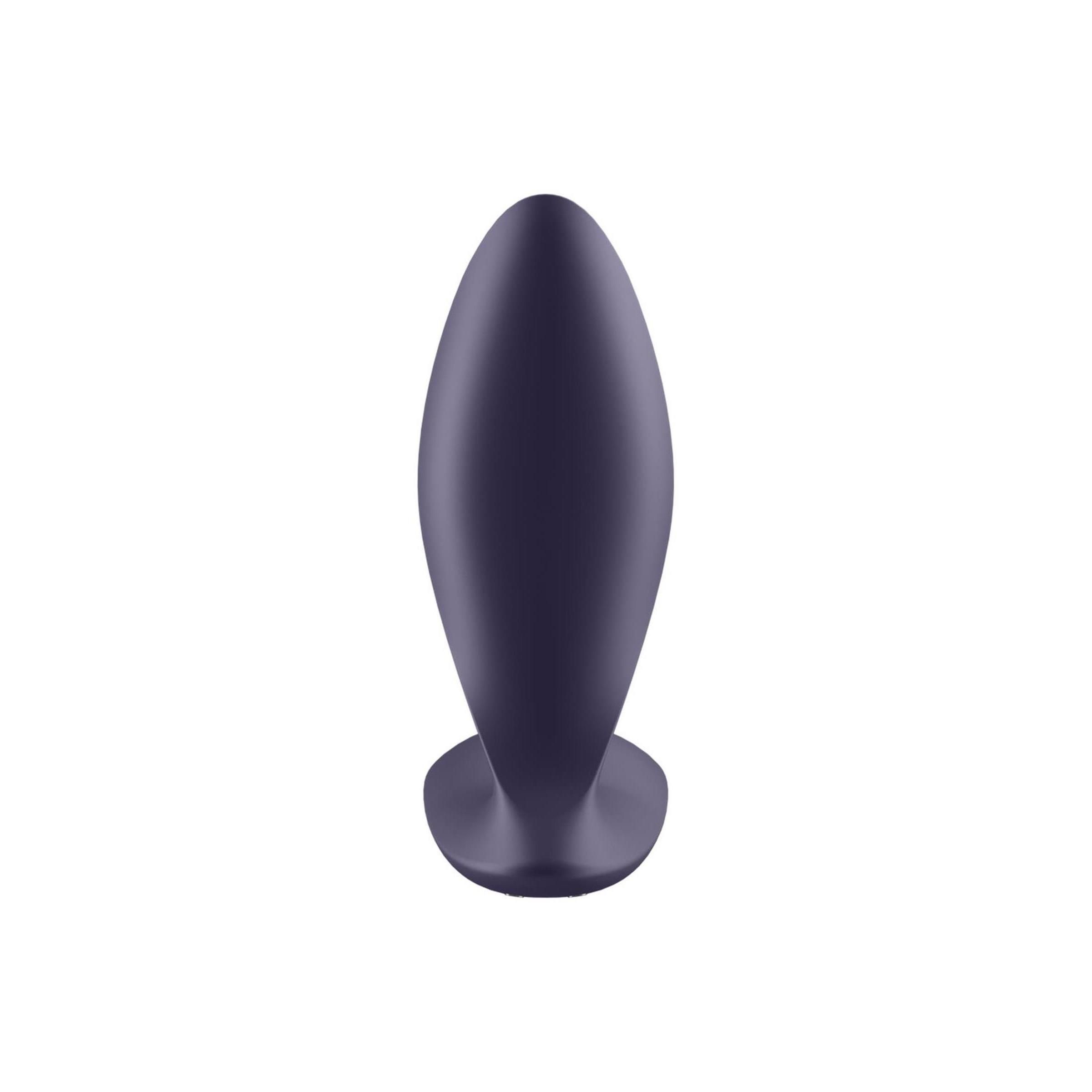 Vibrateur anal violet foncé vu de face, de forme incurvée avec une base large.